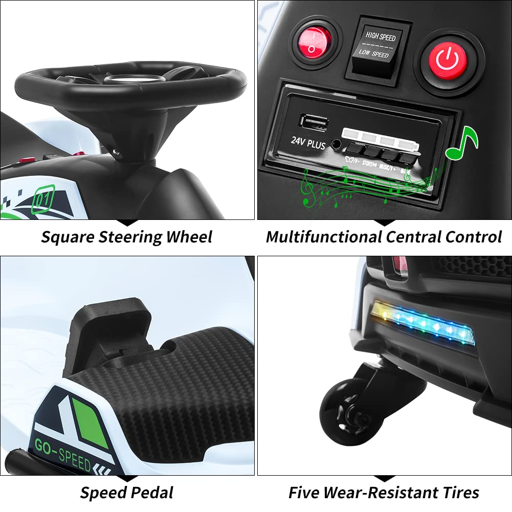 Garvee Ride - P Series: 12V Kids Ride on Drift Car for Kids, 7ah 45W Motor Electric Drifting Go-Kart Up to 5 mph Variable Speed, Built-in Music,Colorful Tail LED Light,USB,Low-Power Alarm,Max Load 110lbs, Blue - White