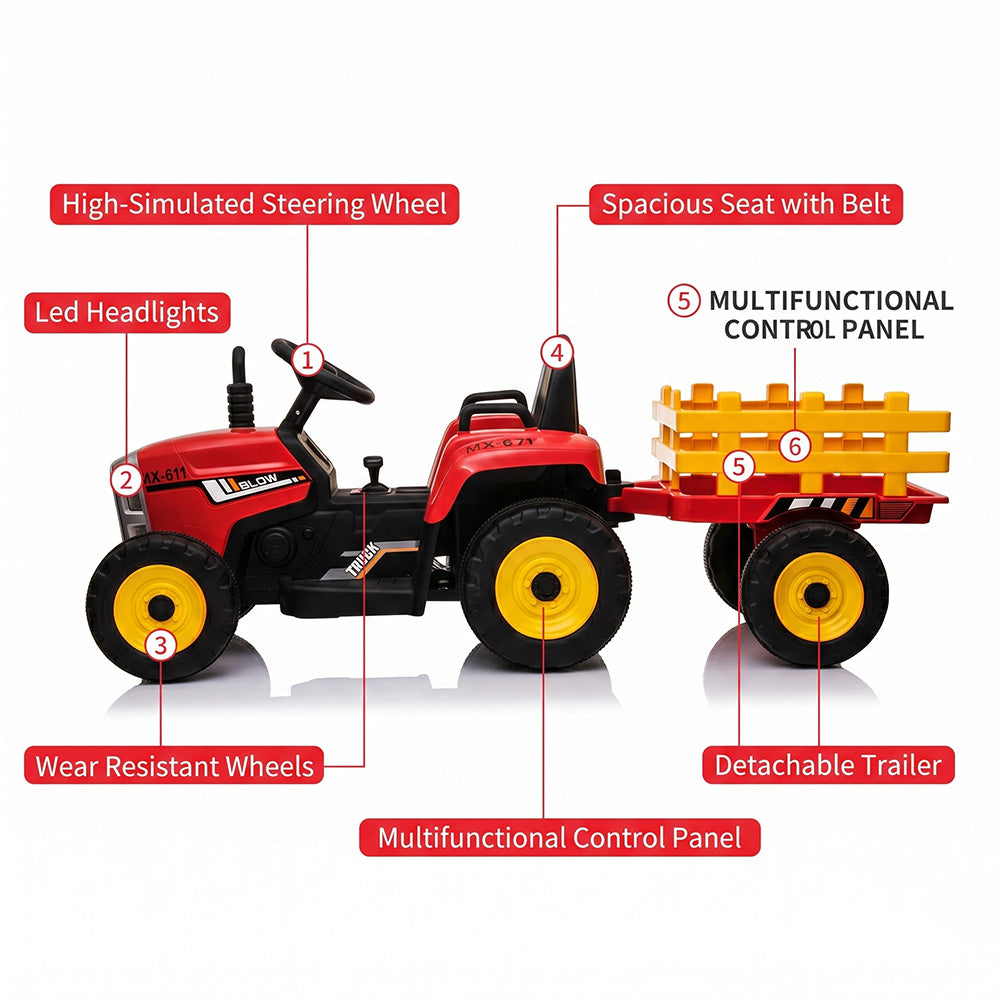 Garvee Ride - P Series: 12V Electric Tractor & Trailer for Kids, 3-6 Yrs - With RC - Red / 25W