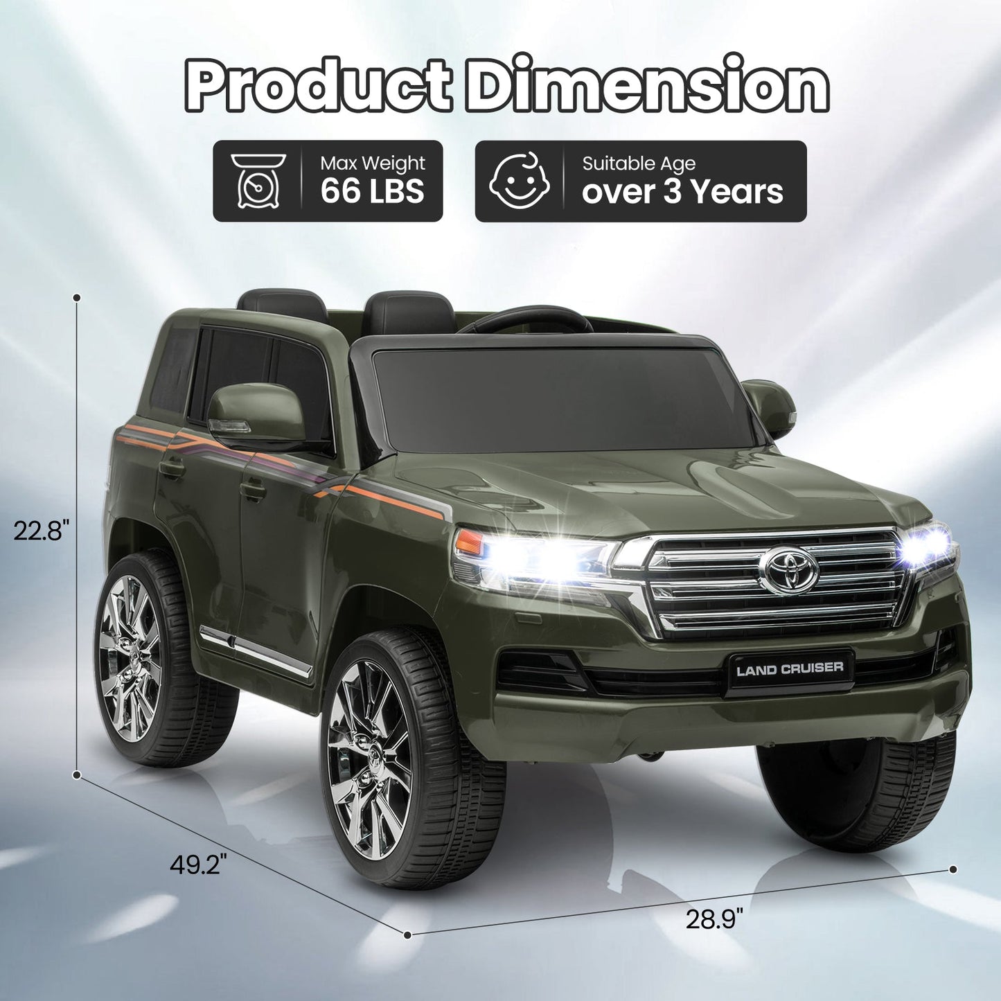Garvee Ride - P Series: 12V Toyota Land Cruiser Kids' Car: Remote, LED, 3 Speeds, Dual 45W Motors, USB Music, Seat Belt, CPC & ASTM Approved - Green