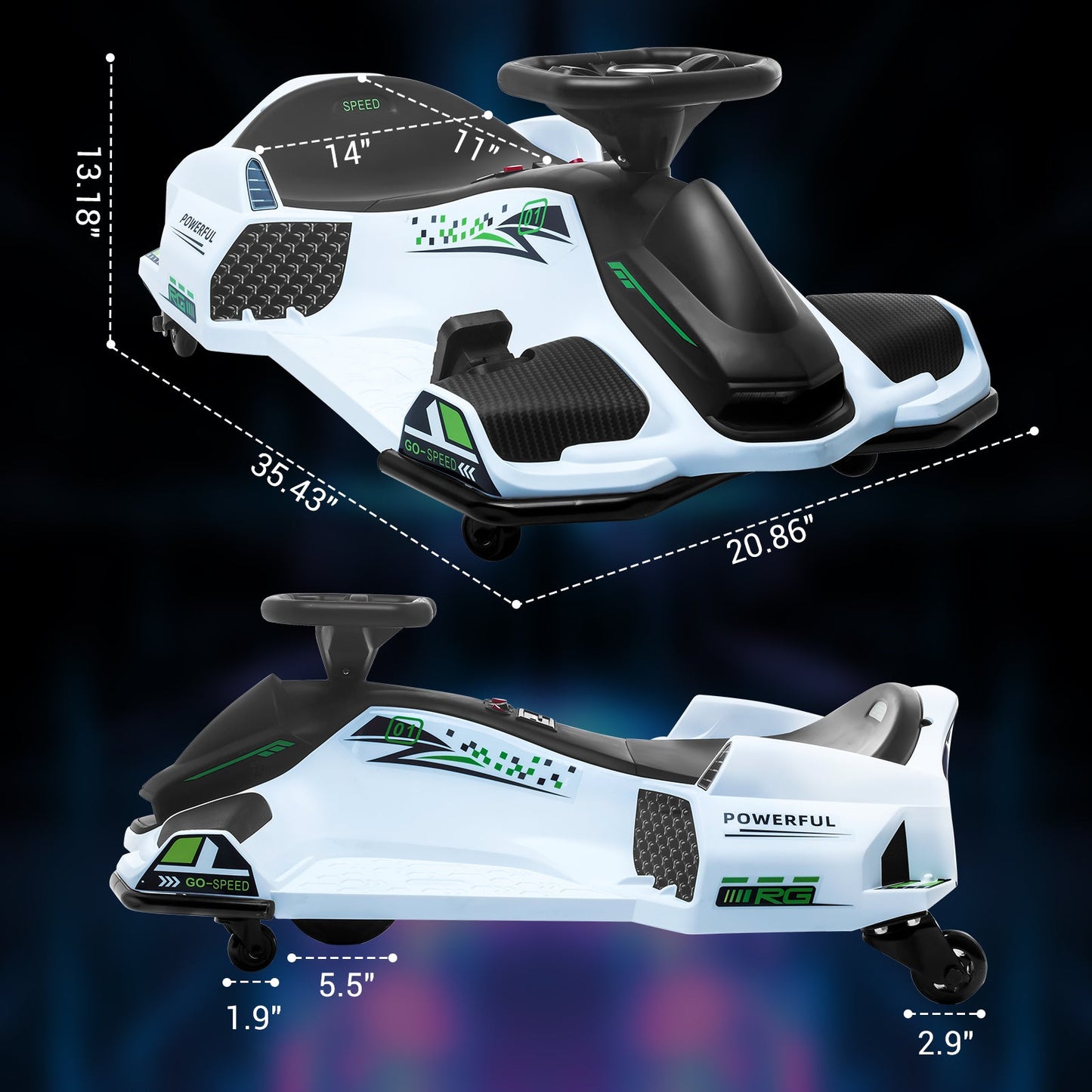 Garvee Ride - G Series: 24V Drift Go-Kart for Kids: Quality Metal, 7.5mph, LED, Music, for 8-12 Years Old - White