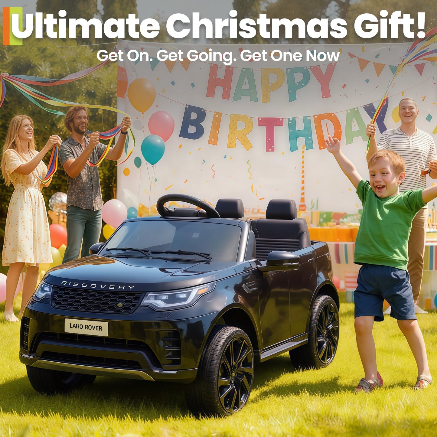 Garvee Ride P Series 12V Kids Ride On Car Land Rover Style Dual Motors 3 Speed Modes 4.5Ah Battery Safety Seatbelt Remote Control Black Outdoor Play - Black