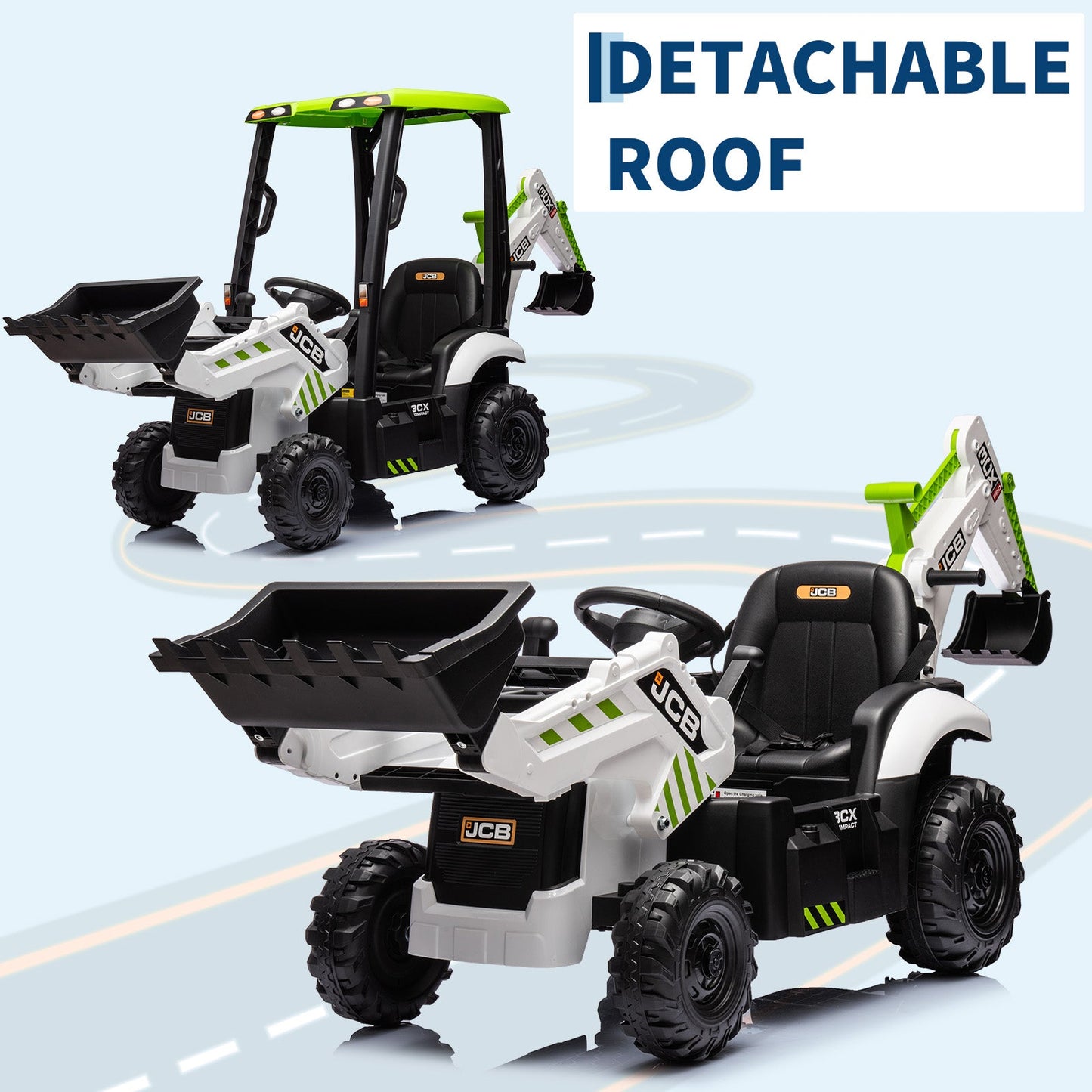 Garvee Ride - P Series: 4-in-1 Ride-On Tractor for Kids: Excavator, Bulldozer, Removable Tent, 12V Battery, Remote Control, Front Loader, Horn, EVA Tires - White