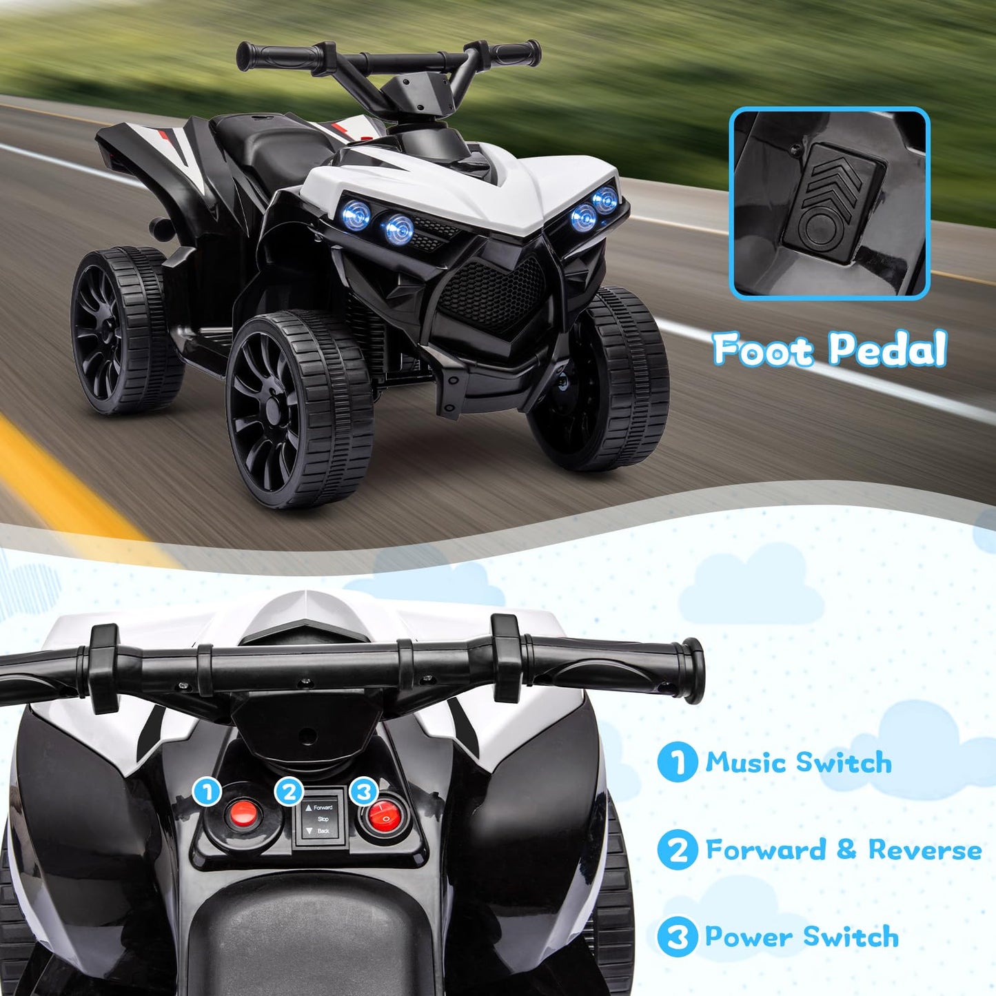 Garvee Ride - P Series: 6V Quad ATV for Kids Toddler 3+ years, Max 55lb Capacity, With LED, Music, Foot Pedal, Wear-Resistant Wheels, 1.9 MPH - White