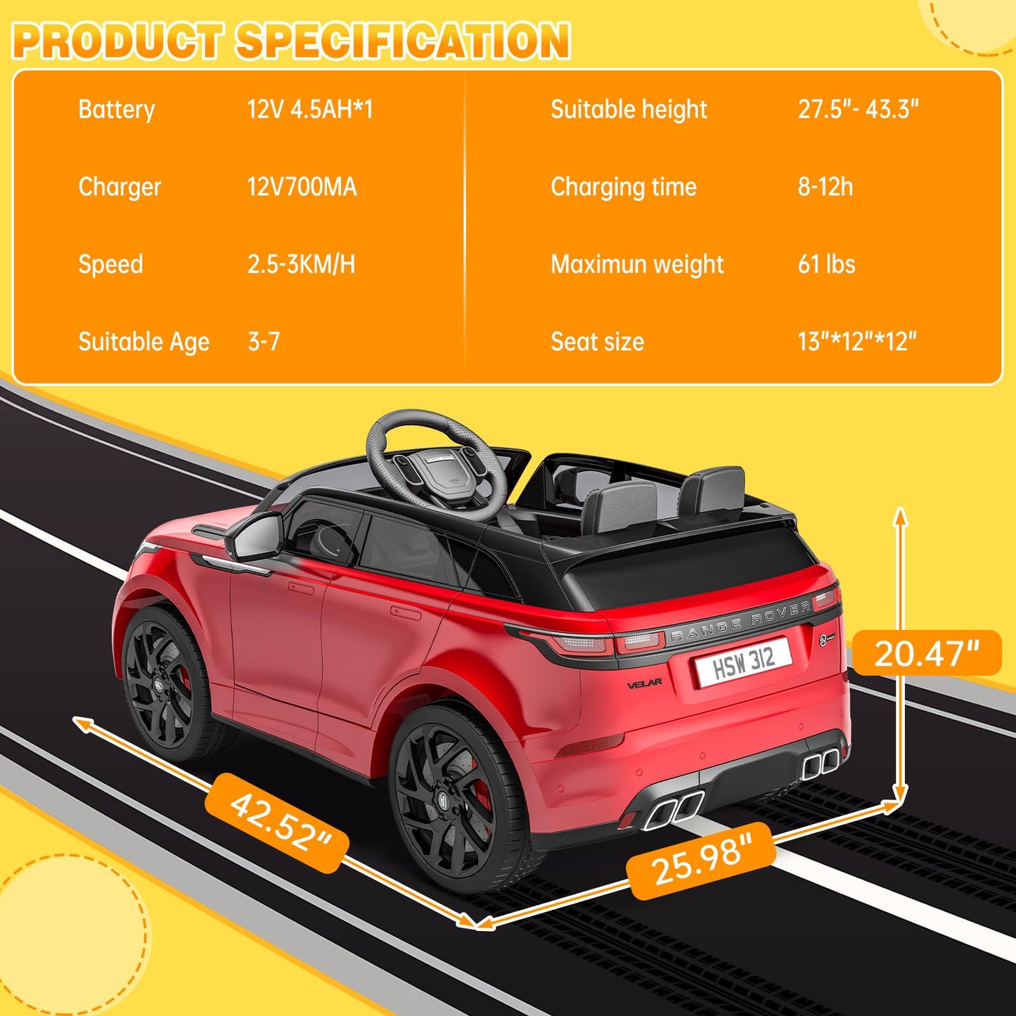 Garvee Ride - P Series: 3-8, 12V Licensed Land Rover Ride Electric Car for Kids with Parent Remote Control, MP3 Player, Rocking, Pull Rod - Red