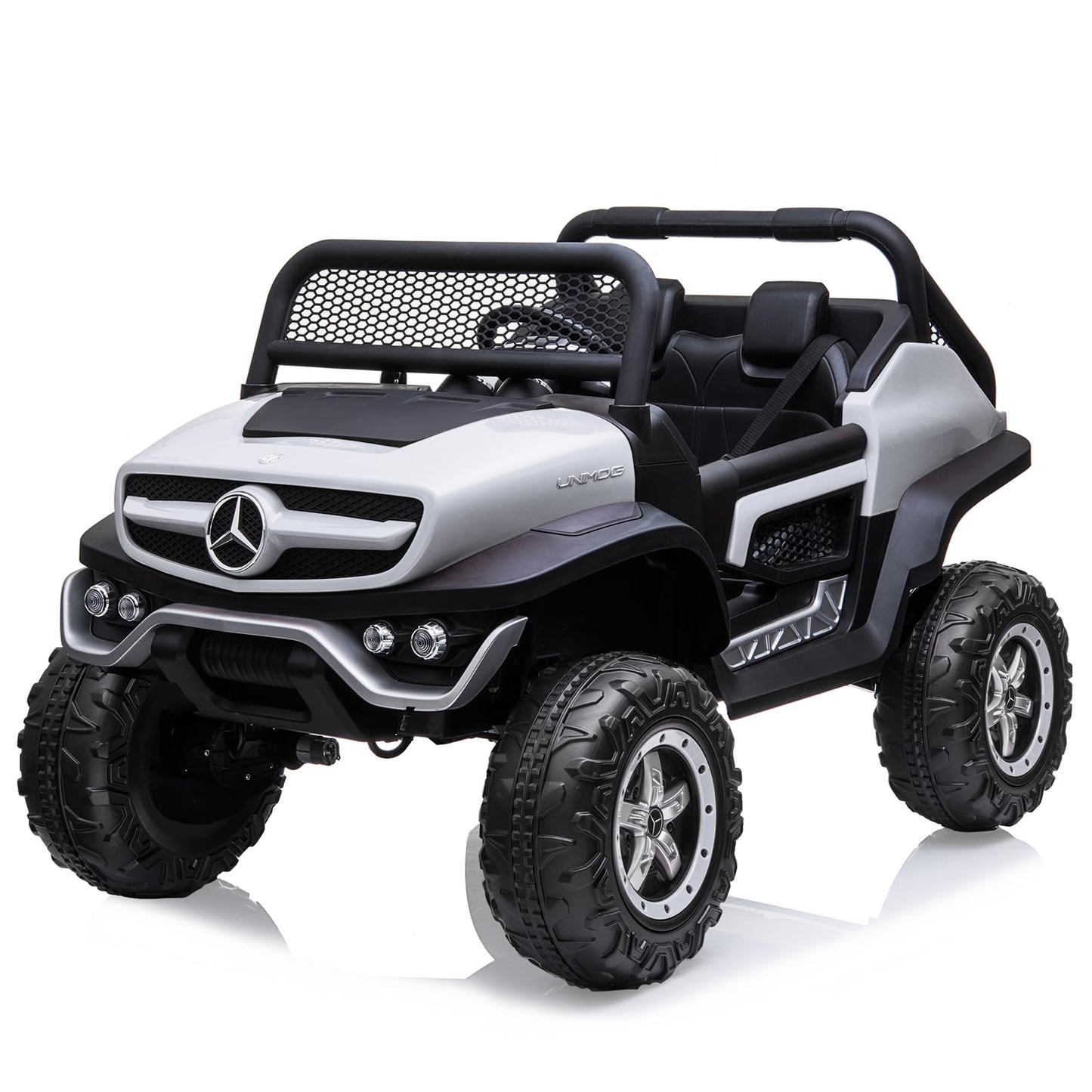 Garvee Ride - P Series: 2 Seater Kids Ride On Truck 24V Ride On Toy Licensed Mercedes Benz Battery Powered Electric Vehicle for Toddles With Remote Control, Battery Display, Trunk, Spring Suspension, LED Lights, Music, White