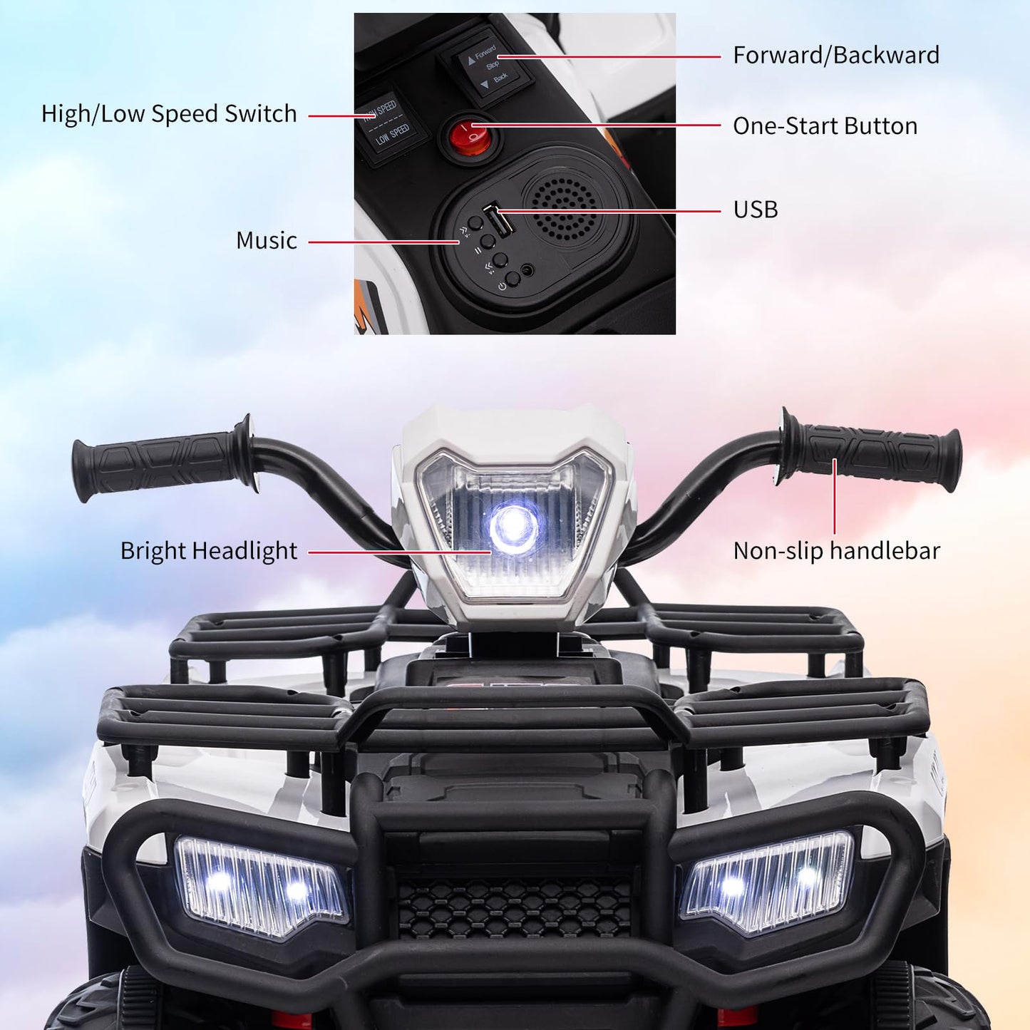 Garvee Ride - P Series: 12V Ride on Quad ATV for Kids, Electric Vehicle for Toddlers, High/Low 2.2mph Safety Speed for Child, Forward/Backward,LED Light, Music,USB for Boys Girls Gift-White