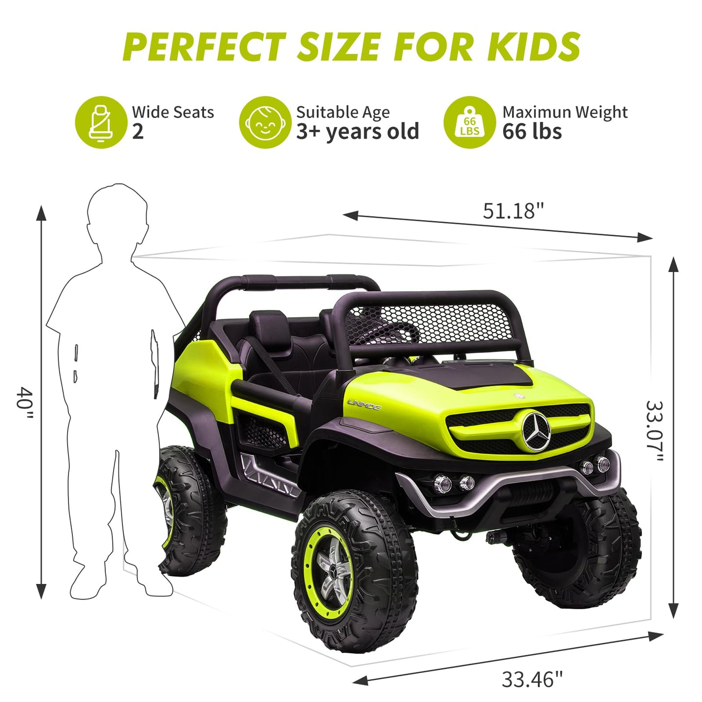 Garvee Ride - P Series: 2 Seater Kids Ride On Truck 24V Ride On Toy Licensed Mercedes Benz Battery Powered Electric Vehicle for Toddles With Remote Control, Battery Display, Trunk, Spring Suspension, Led Lights, Music, Green