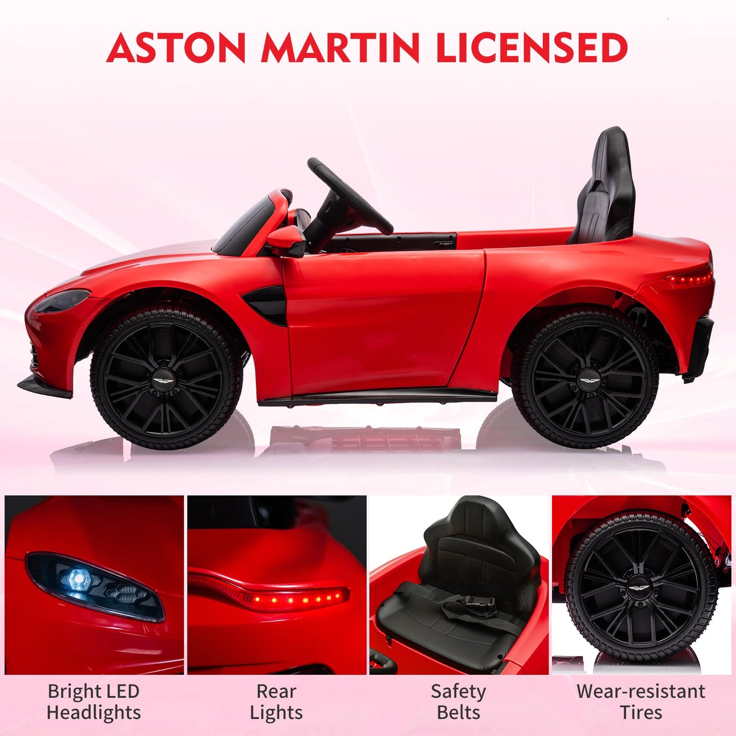 Garvee Ride - P Series: 12V Ride on Sports Car for Kids Licensed Aston Martin Battery Powered Car Toddles Ride on Toy with Remote Control, Horn, Soft Start, LED Lights, Music, USB, Electric Vehicle for Boys Girls (Red)