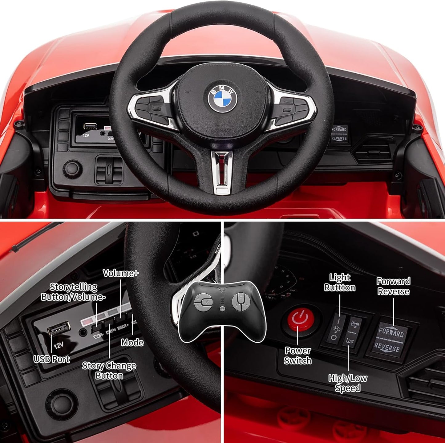 Garvee Ride - P Series: 12V Electric Ride On Car for 37-83 Months, w/RC,Licensed by BMW M4,Power Wheels for Boys Girls, with Suspension System,3 Speeds, Bluetooth, MP3, Double Door, LED Light - Red
