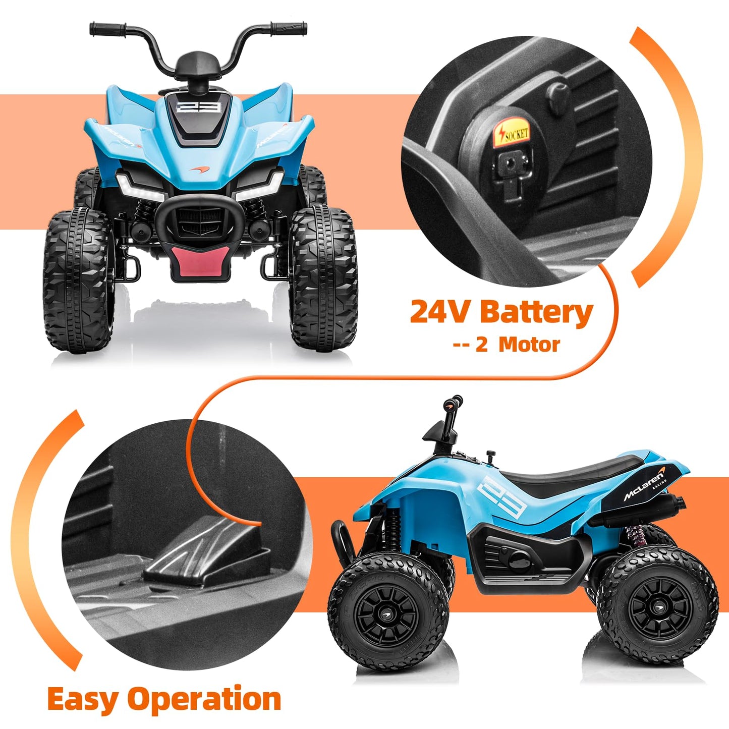 Garvee Ride - P Series: 24V Mc-Laren Ride On Car Kids ATV 3+ with LED and Music Mode - Blue