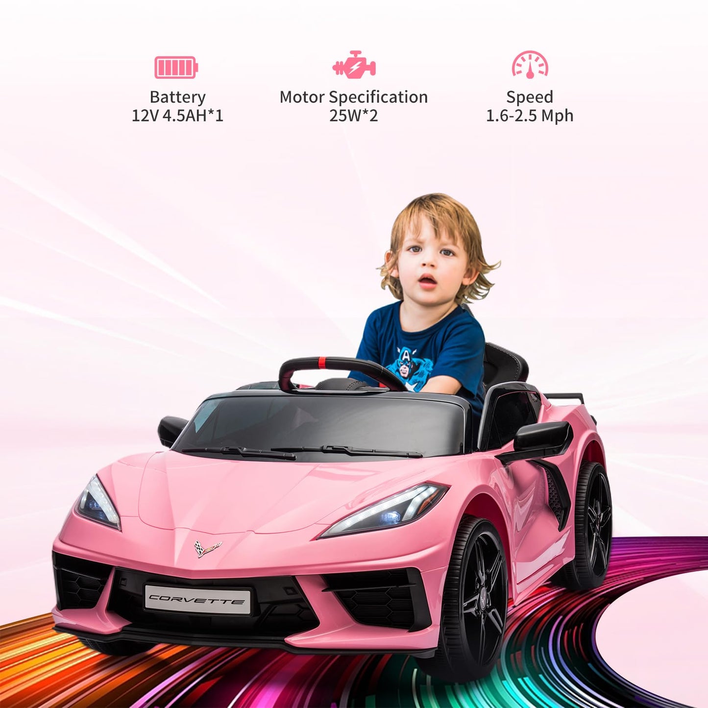 Garvee Ride - P Series: 12V Kids Ride on Car Licensed Corvette Battery Powered Car Toddles Electric Sports Car Toy with Remote Control, Visual Dashboard, LED Lights, Music, Gifts for Boys Girls, Pink