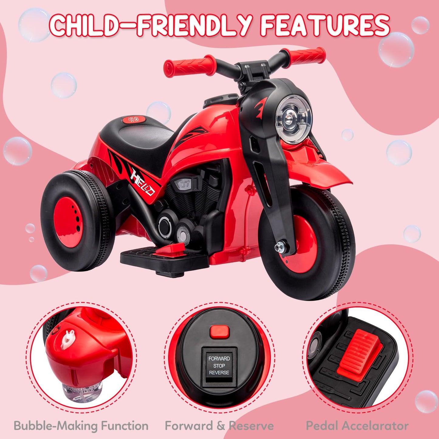 Garvee Ride - P Series: 6V Battery-Powered Electric Motorcycle with 1.9 Mph Speed, Led Headlights, Music, Pedal, Forward/Reverse, 3 Wheels | Motorbike Toy Gift for Toddlers 3 and Up - Red
