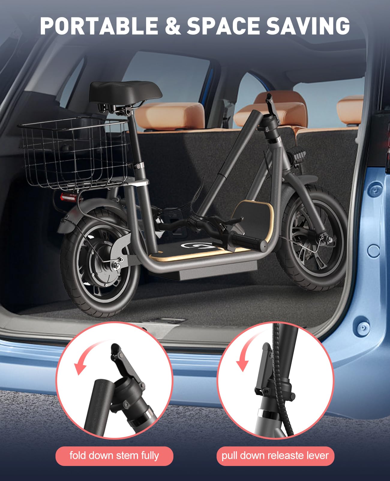 Garvee Ultimate Comfort with Electric Scooter - Long 37.5 Miles Range, 20mph Speed, Powerful 500W Motor, 46V Battery,12" Pneumatic Tire, Adjustable Seat & Deck, Carry Basket