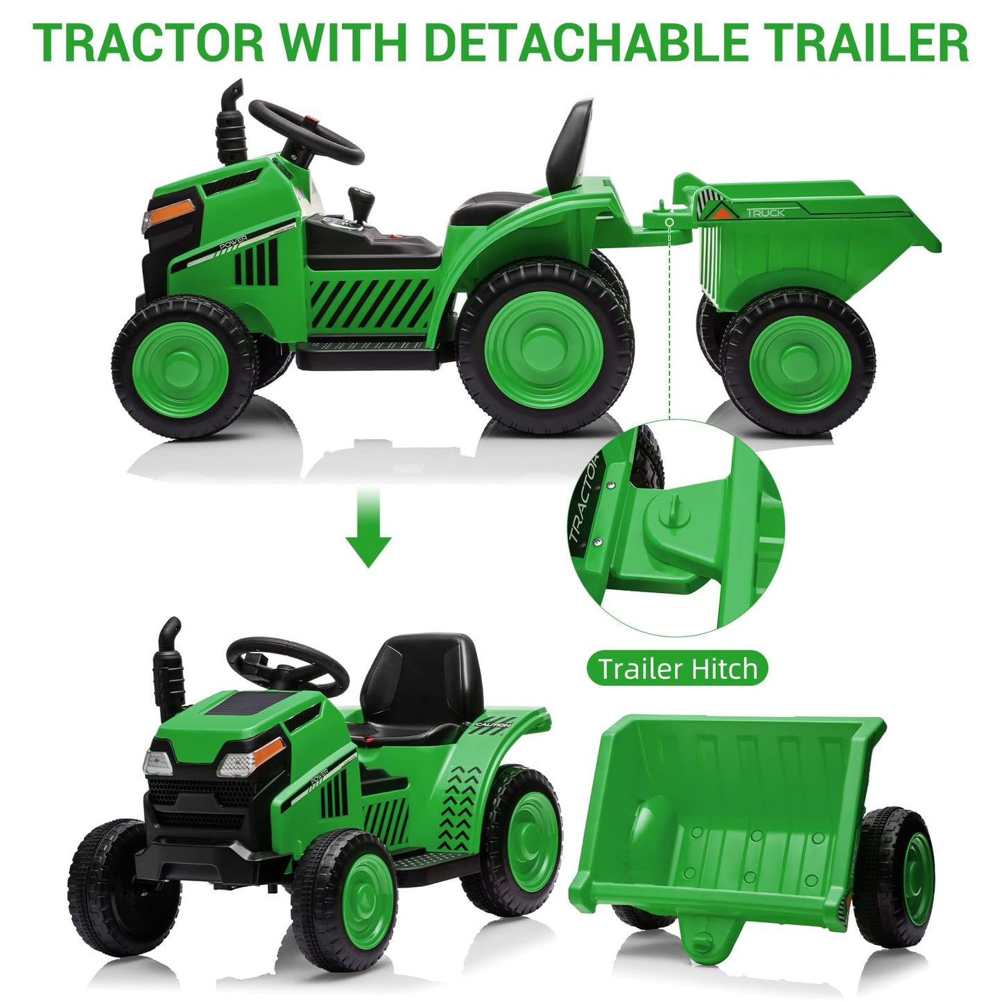 Garvee Ride - P Series: Kids Ride on Tractor with Trailer, Kids’ Electric Vehicles with Wear-Resistant Wheels, LED Headlights, Music & USB Port, Kids Ride on Car Toys for Toddlers Kids, Green