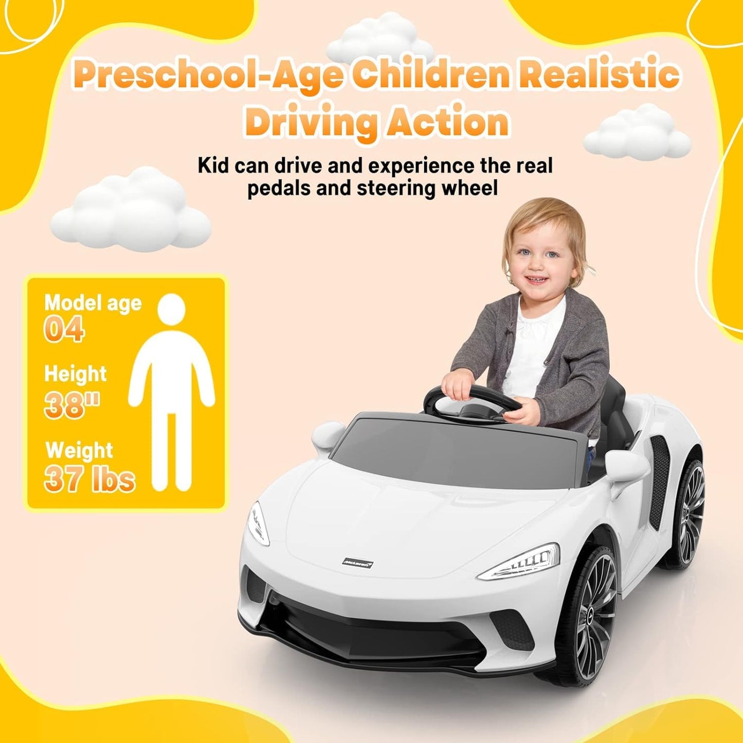 Garvee Ride - P Series: 12V Kids Ride on Car, Licensed Mclaren Battery Powered Electric Car with Remote Control, 3 Speeds, Bluetooth Music, Horn, LED Lights, 4-Wheel Ride on Toys - White