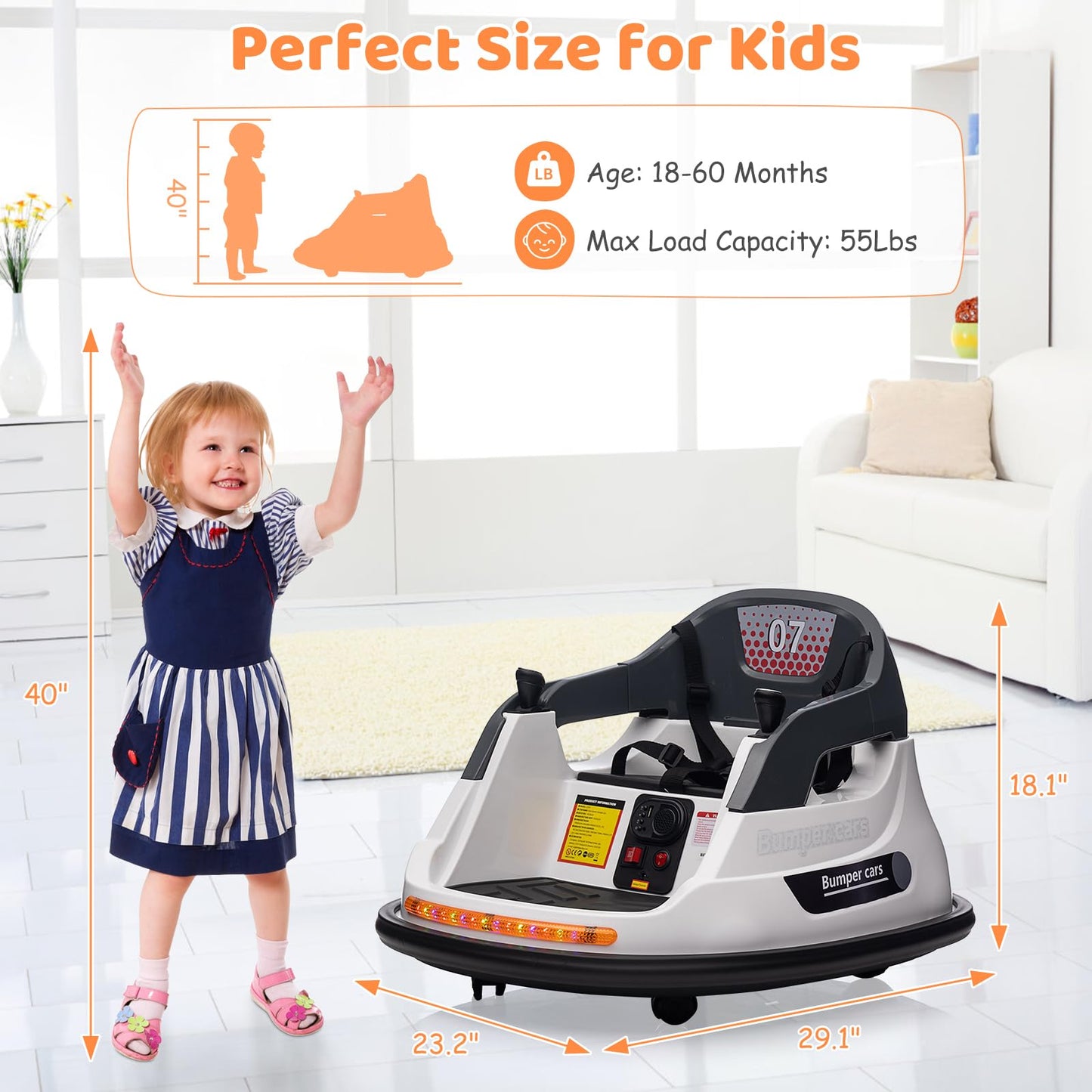 Garvee Ride - P Series: 12V Kids Bumper Car with Remote Control, LED Lights & 360 Degree Spin, Indoor and Outdoor Kids Toy for 18+ Months Kids - White