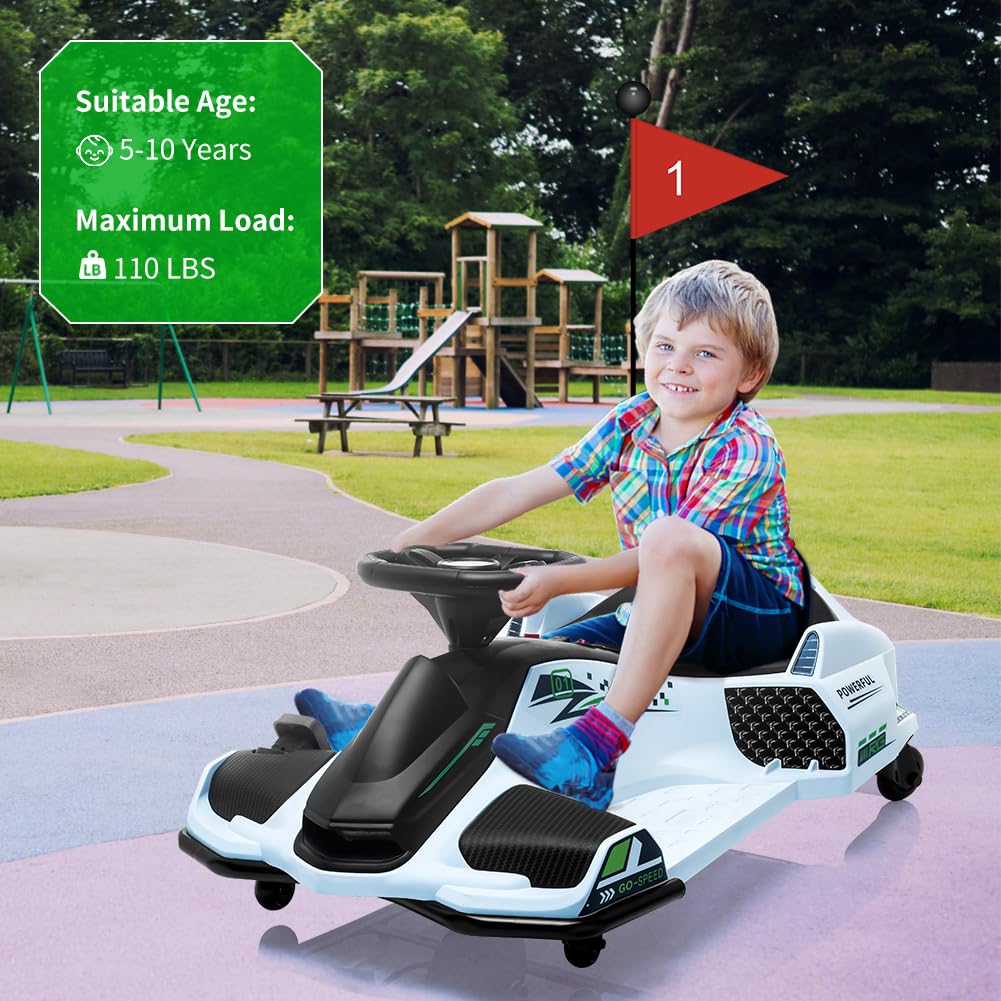 Garvee Ride - P Series: 12V Kids Ride on Drift Car for Kids, 7ah 45W Motor Electric Drifting Go-Kart Up to 5 mph Variable Speed, Built-in Music,Colorful Tail LED Light,USB,Low-Power Alarm,Max Load 110lbs, Blue - White