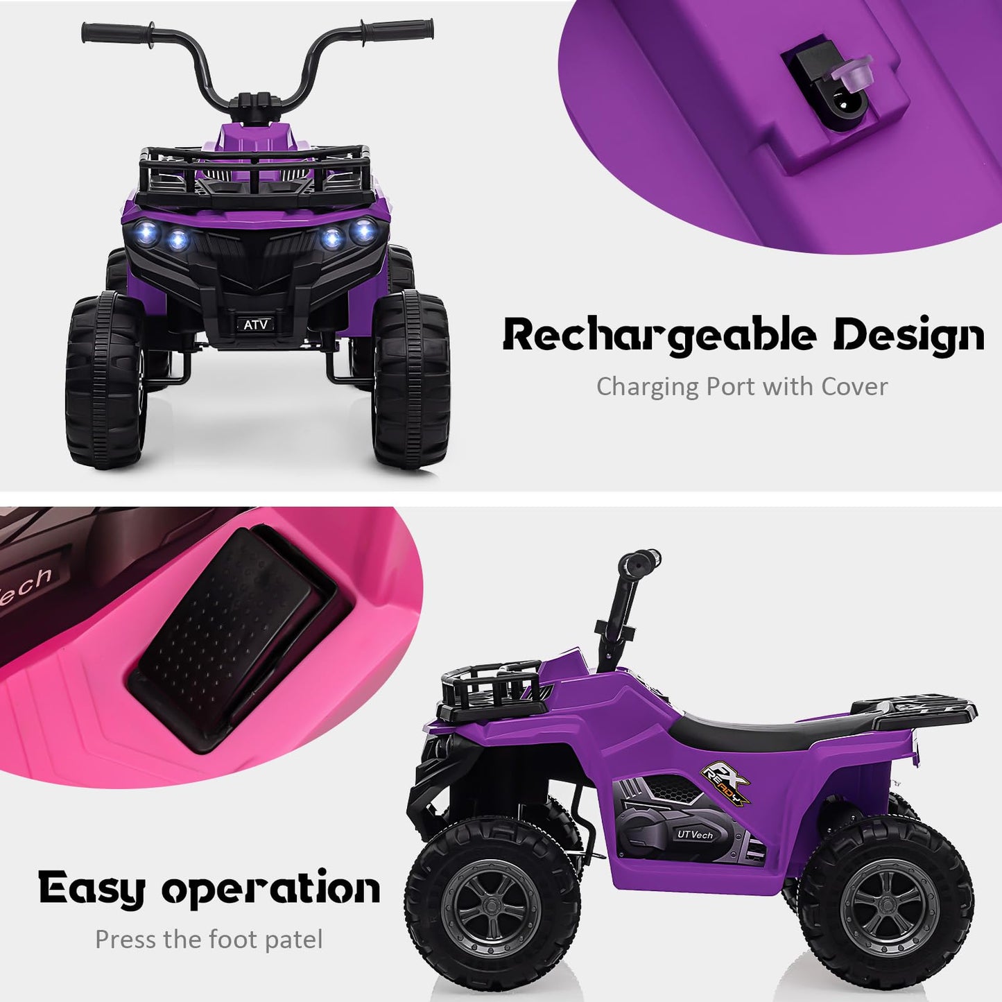 Garvee Ride - P Series: 12V Kids Ride On Electric Quad ATV, Ride Car Toy with Bluetooth Audio,High/Low Speed, LED Headlights, Battery Indicator & Radio Orange - Purple