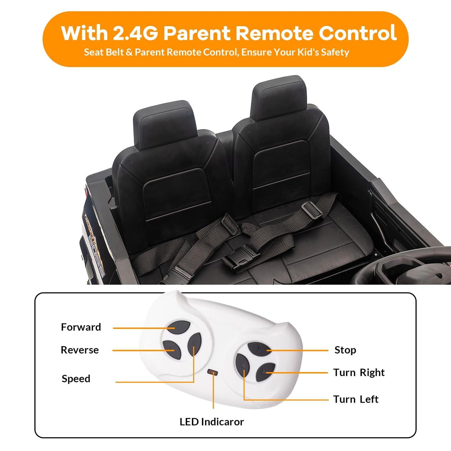 Garvee Ride - P Series: 2 Seater Truck Car Toys, Ride on Car Electric Vehicles w/Remote Control, 24V Battery, Dual Drive, LED Lights, Bluetooth, MP3, Battery Powered Electric Cars for Kids, Black