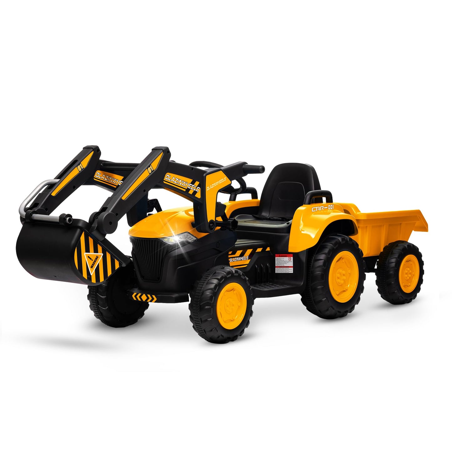 Garvee Ride - P Series: 12V 3 in 1 Ride on Excavator & Tractor with Detachable Trailer, Ride on Car Toy with Remote Control, Digger, LED Lights, Music, Kids Electric Vehicles for Boys Girls, Yellow