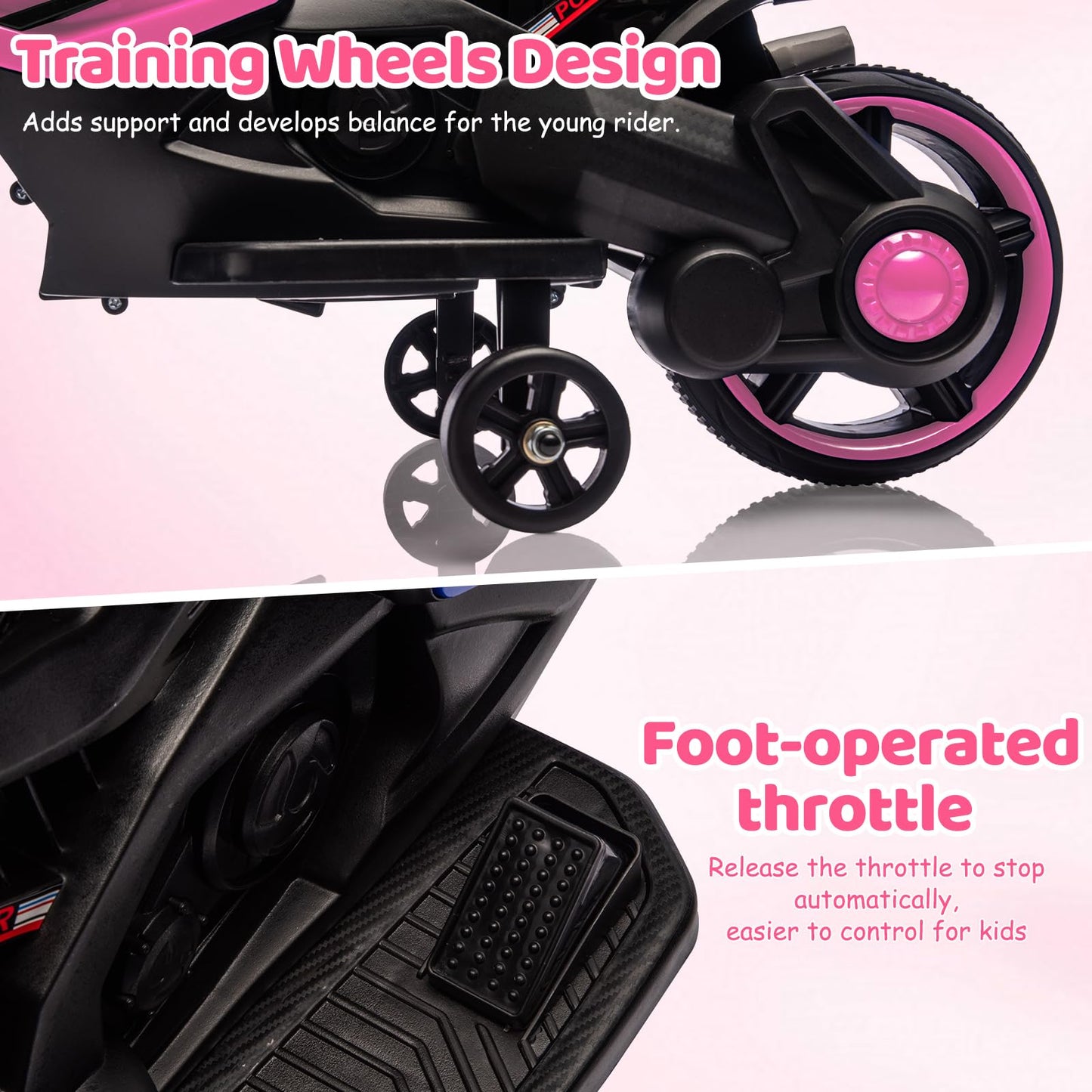 Garvee Kids 6V Ride On Motorcycle Pink With Training Wheels For Toddlers 3-6 Years, Stable Electric Toy Bike