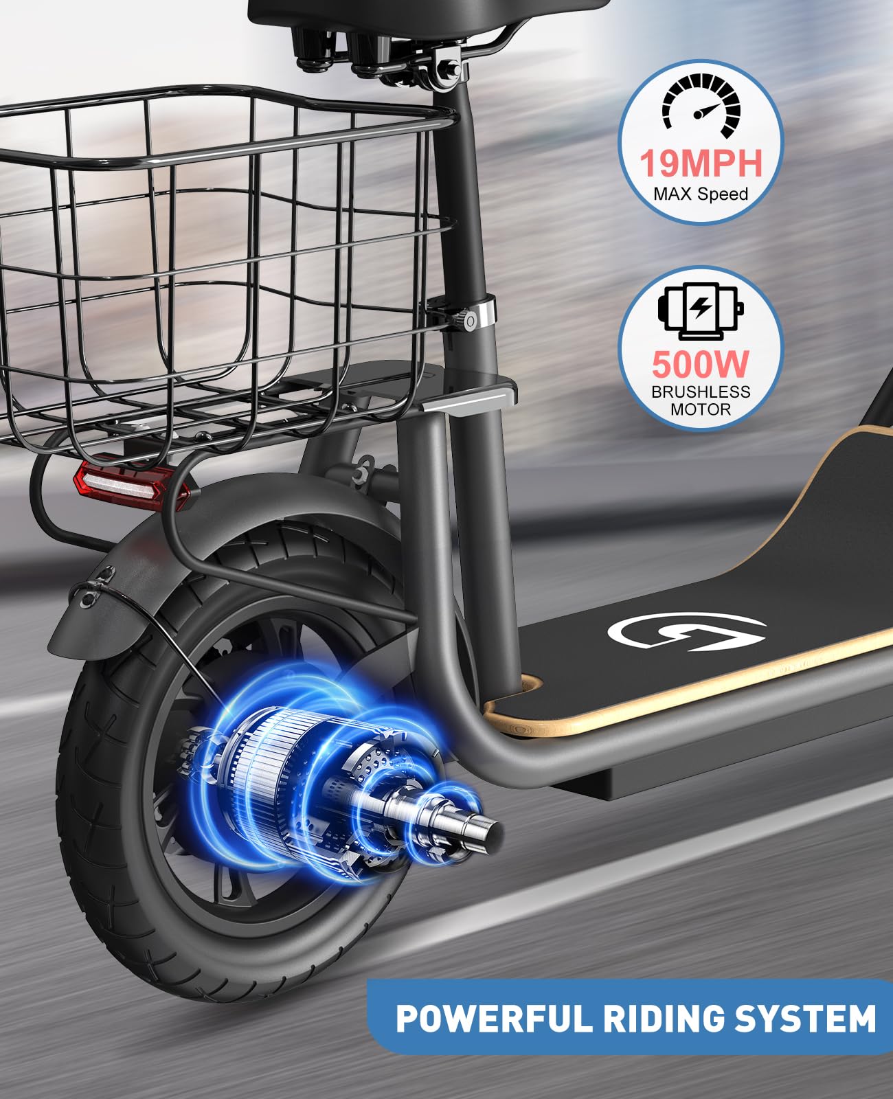 Garvee Ultimate Comfort with Electric Scooter - Long 37.5 Miles Range, 20mph Speed, Powerful 500W Motor, 46V Battery,12" Pneumatic Tire, Adjustable Seat & Deck, Carry Basket