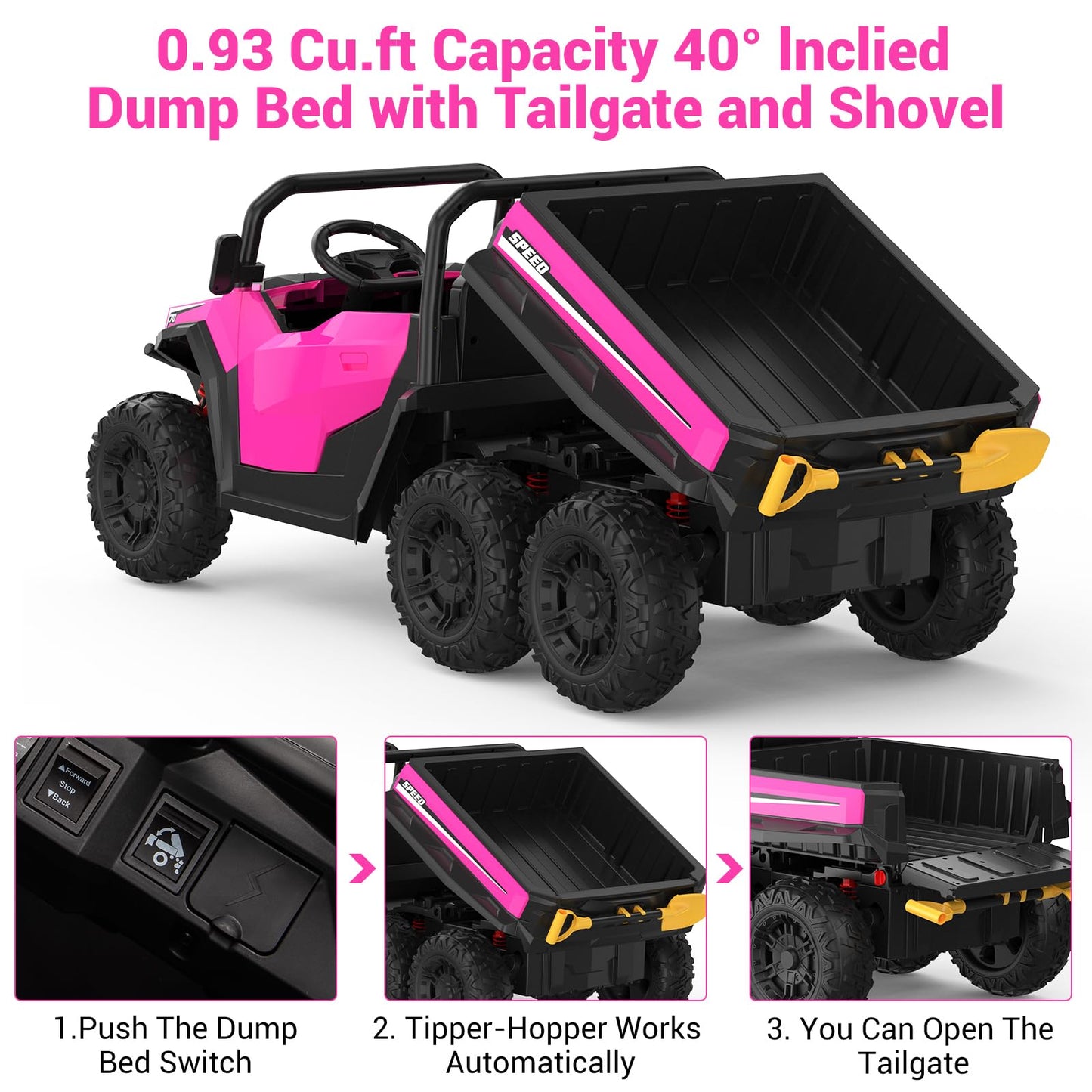 Garvee Ride - P Series: 24V 4WD Electric Ride On Dump Truck with Remote Control, 2-Seater, Music Player, LED Lights, Key Start Safety System, Durable Plastic, Off-Road Kids Toy for Ages 3+ - Pink