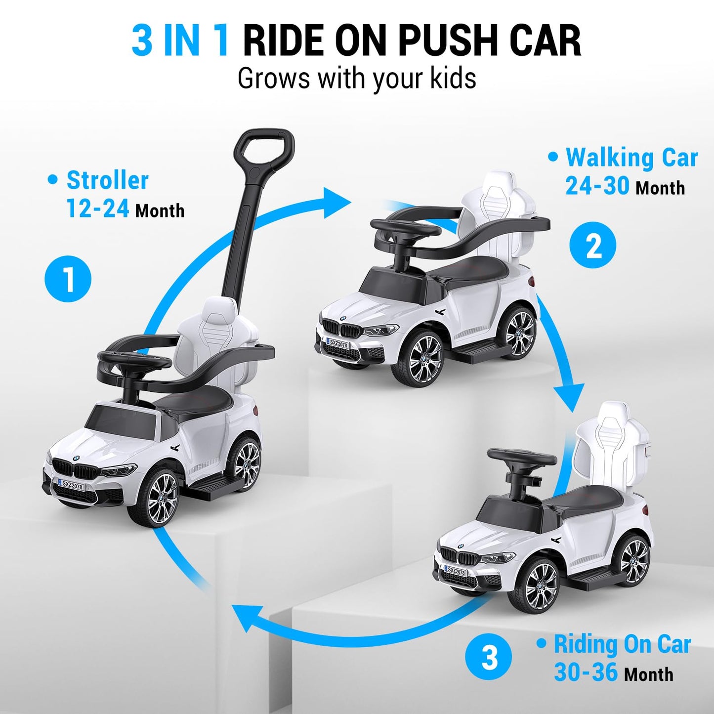 Garvee Ride - P Series: 4-in-1 Push Cars for Toddlers 1-3 with Led Lights, Music, Horn and Controllable Push Handle - White