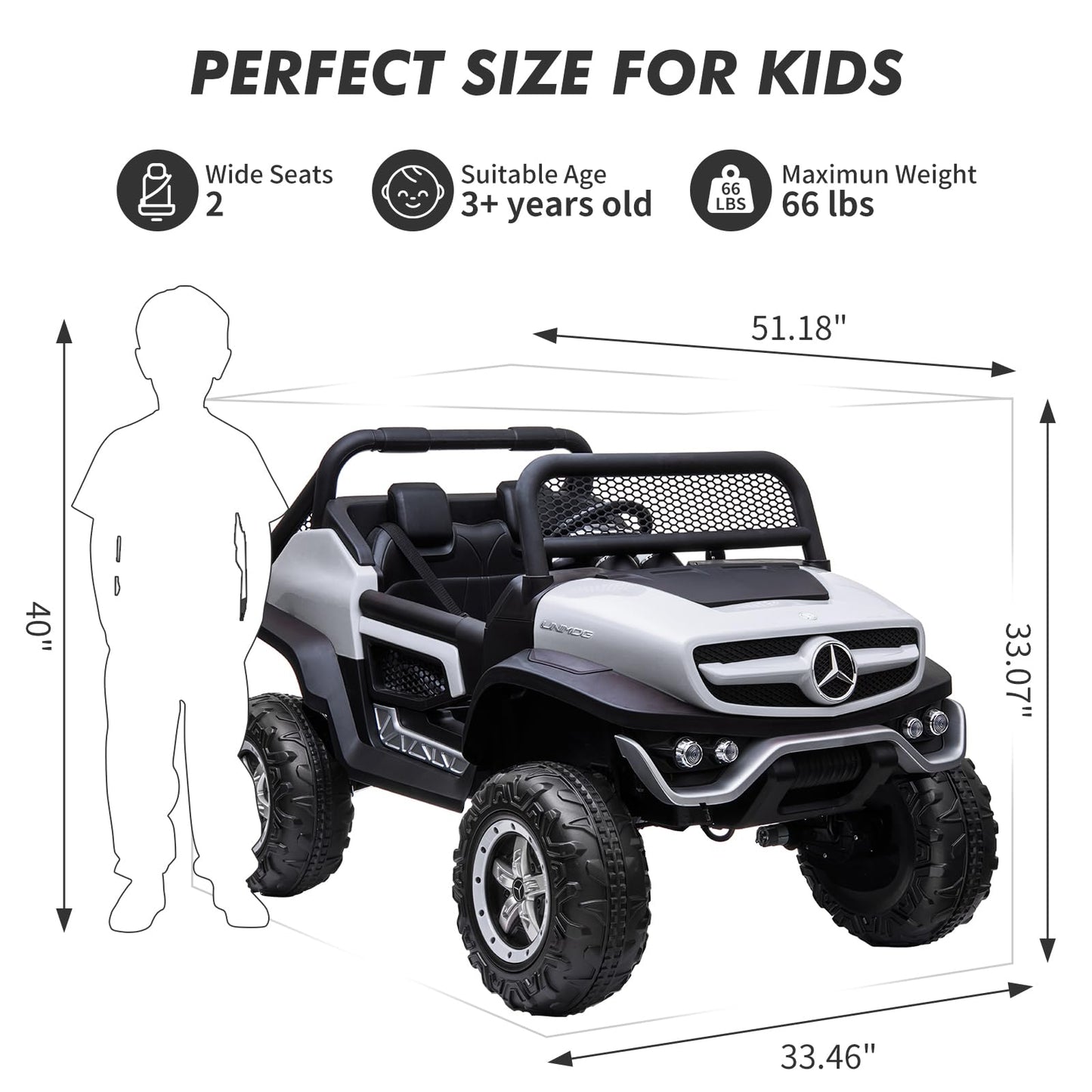 Garvee Ride - P Series: 2 Seater Kids Ride On Truck 24V Ride On Toy Licensed Mercedes Benz Battery Powered Electric Vehicle for Toddles With Remote Control, Battery Display, Trunk, Spring Suspension, LED Lights, Music, White