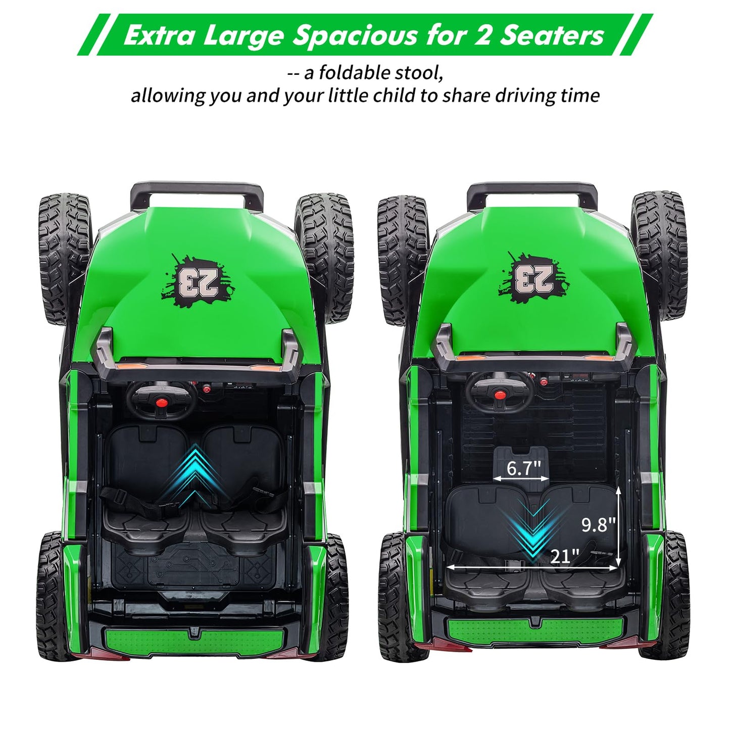 Garvee Ride - P Series: 24V 2-Seater Ride-On UTV: Remote Control, 4WD Motors, 21" Seats + Foldable Seat, 15.4" EVA Wheels, Music, LED Lights, 140lb Max Load - Green