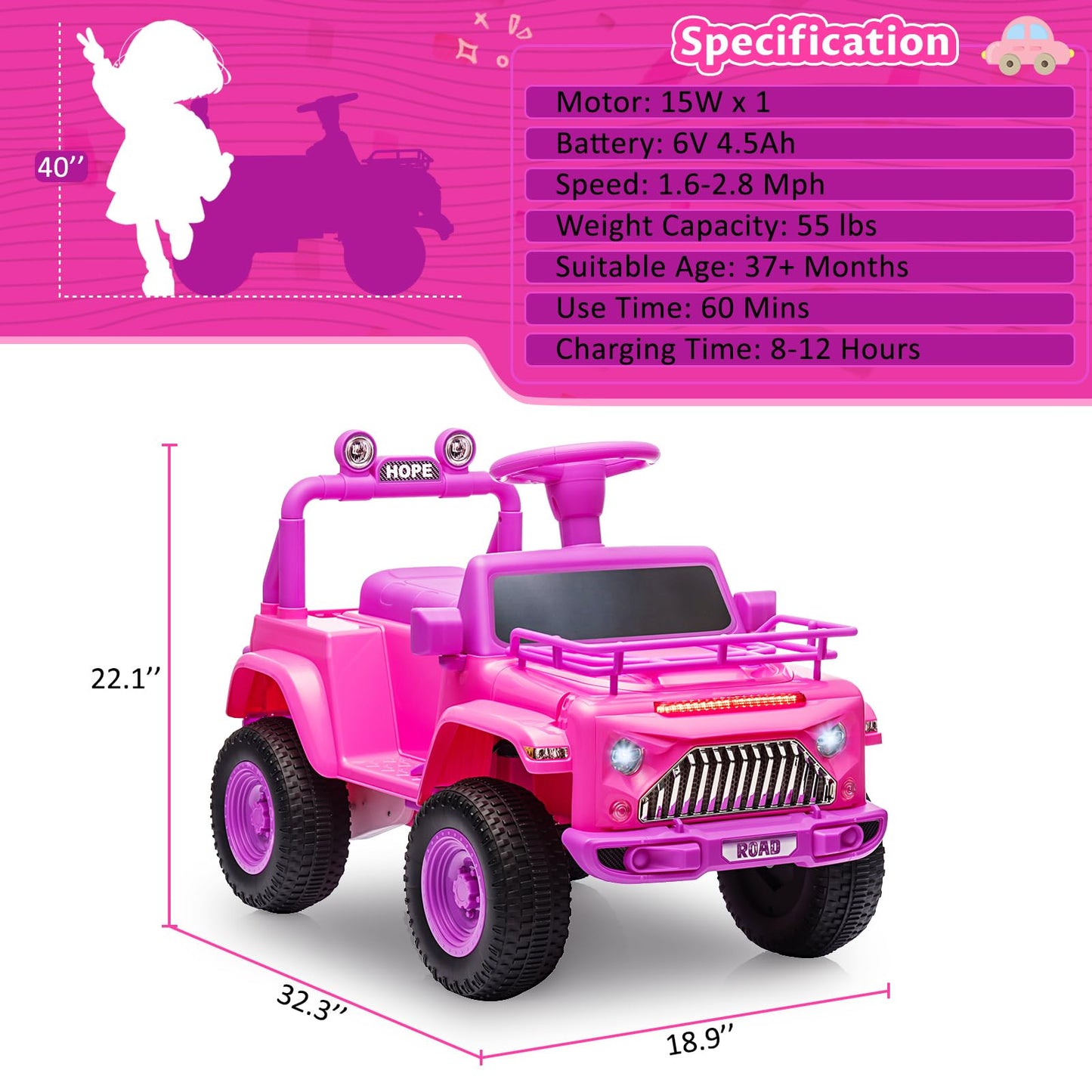 Garvee Ride - P Series: 6V Ride On Car for Toddlers - Battery Powered Electric Car with Music, LED Light, FM, Horn, Rear Storage, 4 Wheels - Pink