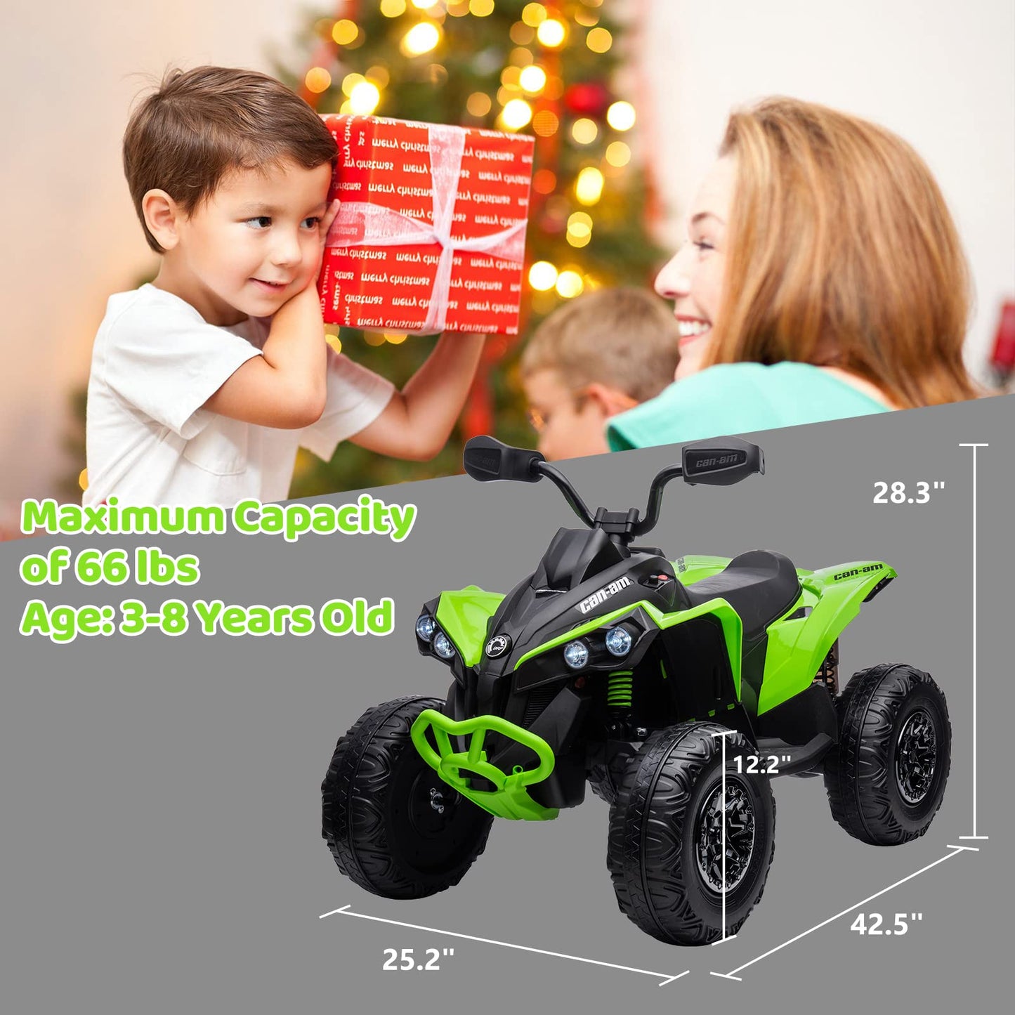 Garvee Ride - P Series: 12V Ride on Toy Car Bombardier Licensed BRP Can-am 4 Wheeler Quad Electric Vehicle, w/LED Lights, Spring Suspension, Bluetooth, Music, USB, Treaded Tires, White - Green