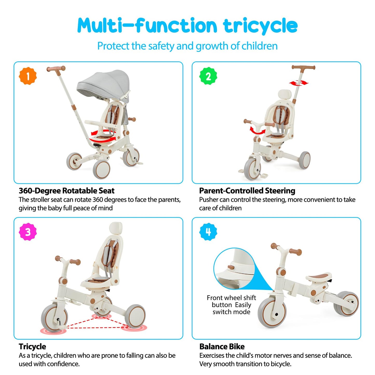 Garvee 7 in 1 Baby Tricycle, Foldable Toddler Tricycle with Removable and Adjustable Parent Handle, Toddler Push Bike with Removable Pedal, Canopy, and Guardrail, Tricycle for 12-72 Months（Brown）