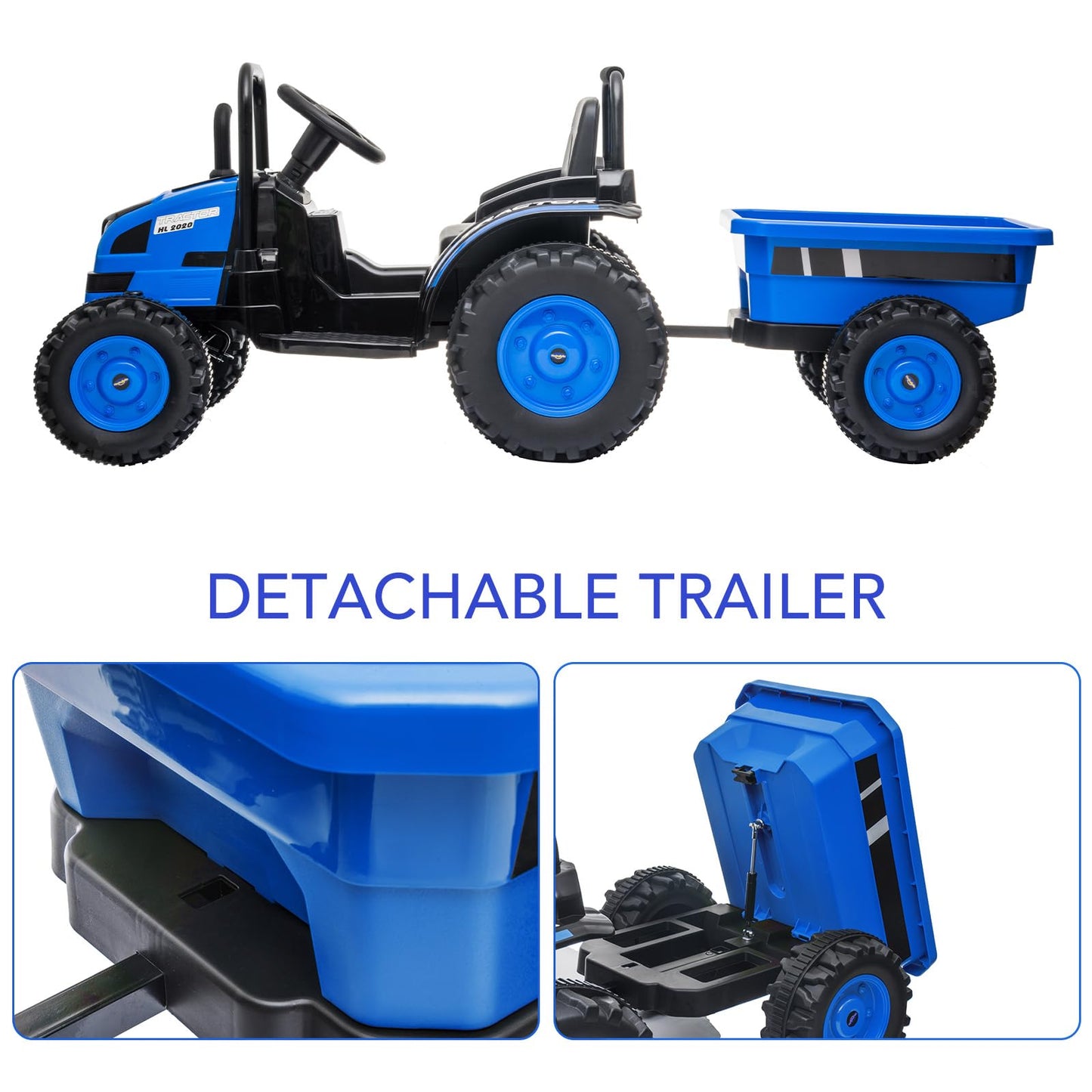 Garvee Ride - P Series: 12V Electric Ride-On Tractor for Kids with Trailer, Remote Control, Music, LED Lights, and Rear Wheel Suspension - Battery Powered Toy Vehicle - Blue