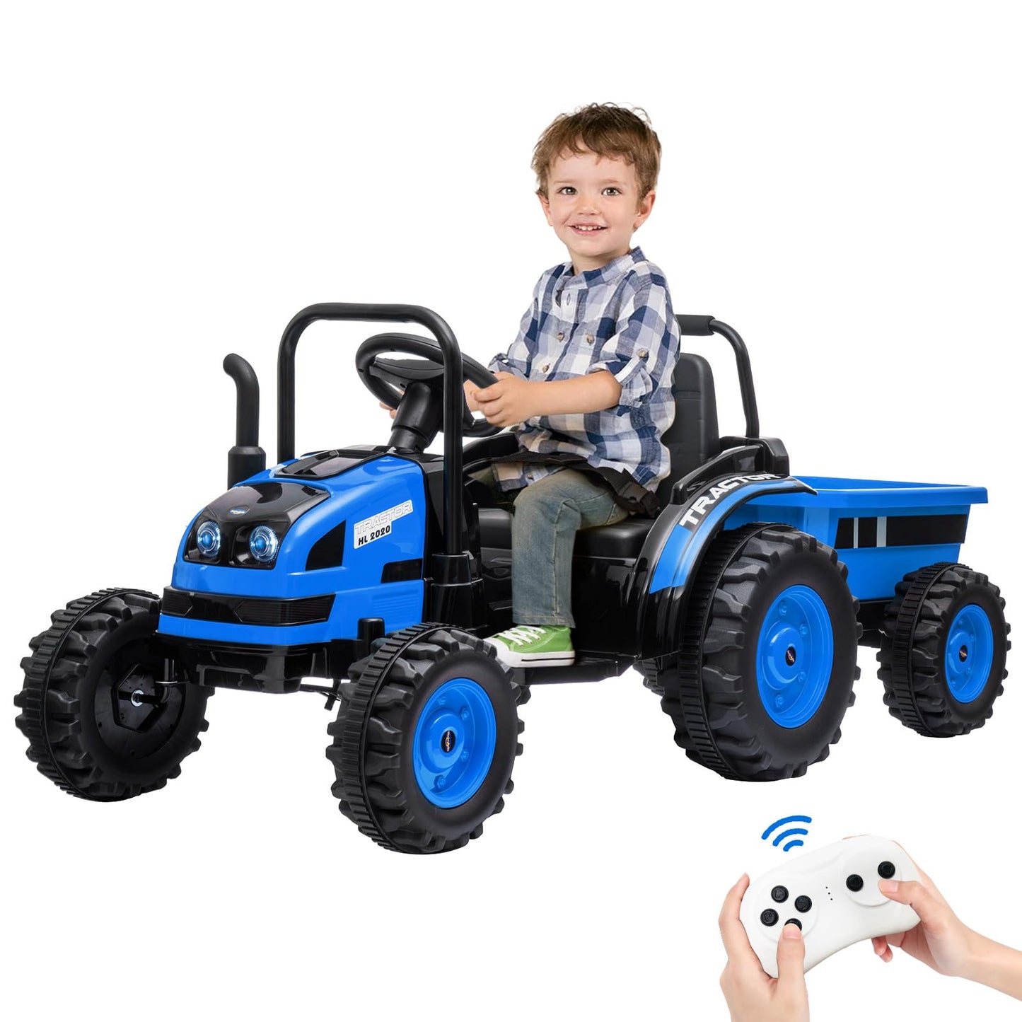 Garvee Ride - P Series: 12V Electric Ride-On Tractor for Kids with Trailer, Remote Control, Music, LED Lights, and Rear Wheel Suspension - Battery Powered Toy Vehicle - Blue