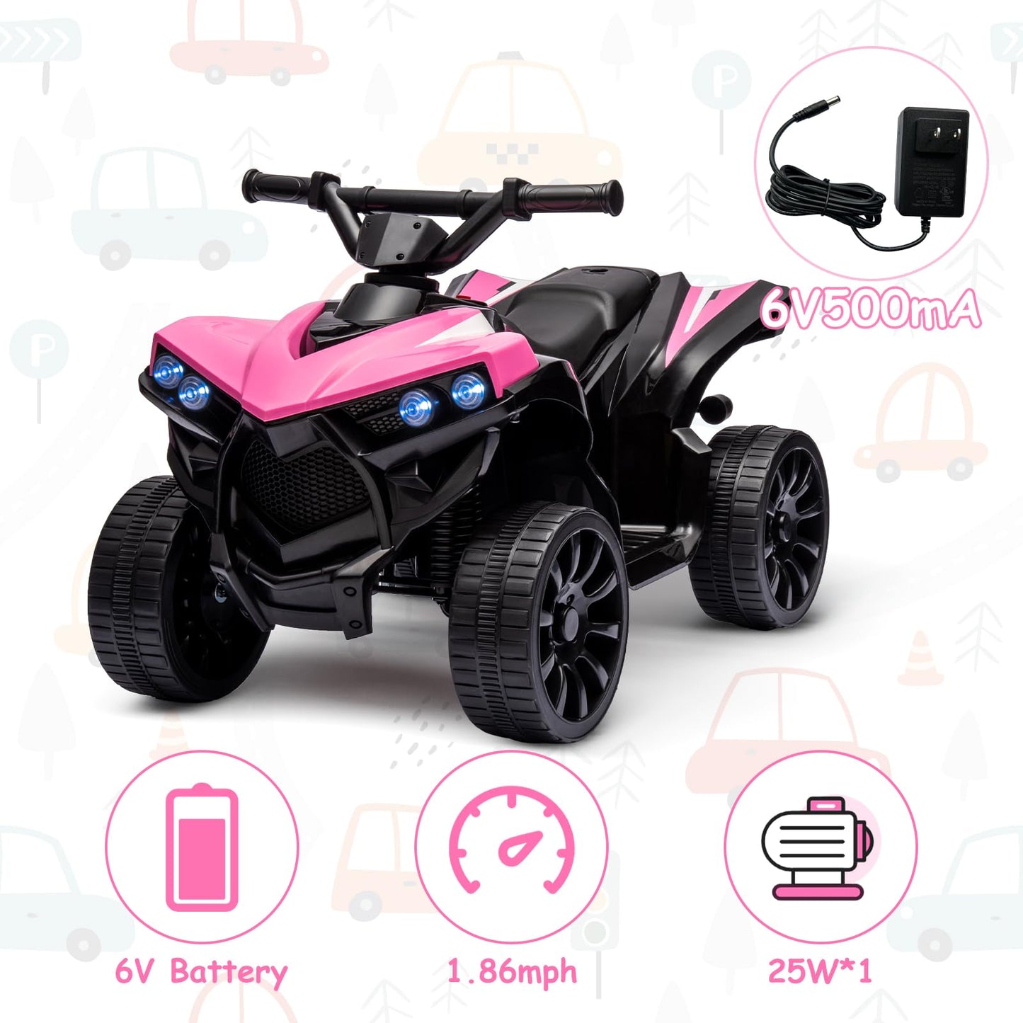 Garvee Ride - P Series: 6V Quad ATV for Kids Toddler 3+ years, Max 55lb Capacity ，With LED, Music, Foot Pedal, Wear-Resistant Wheels, 1.9 MPH - Pink