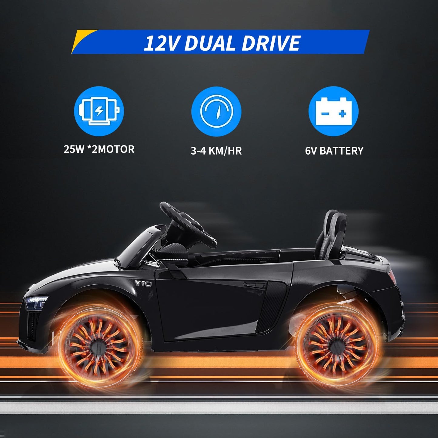 Garvee Ride - P Series: 12V Power Battery Electric Vehicles for 3-7 Toddlers, Licensed Toy Car with Remote Control, MP3 Player - Black