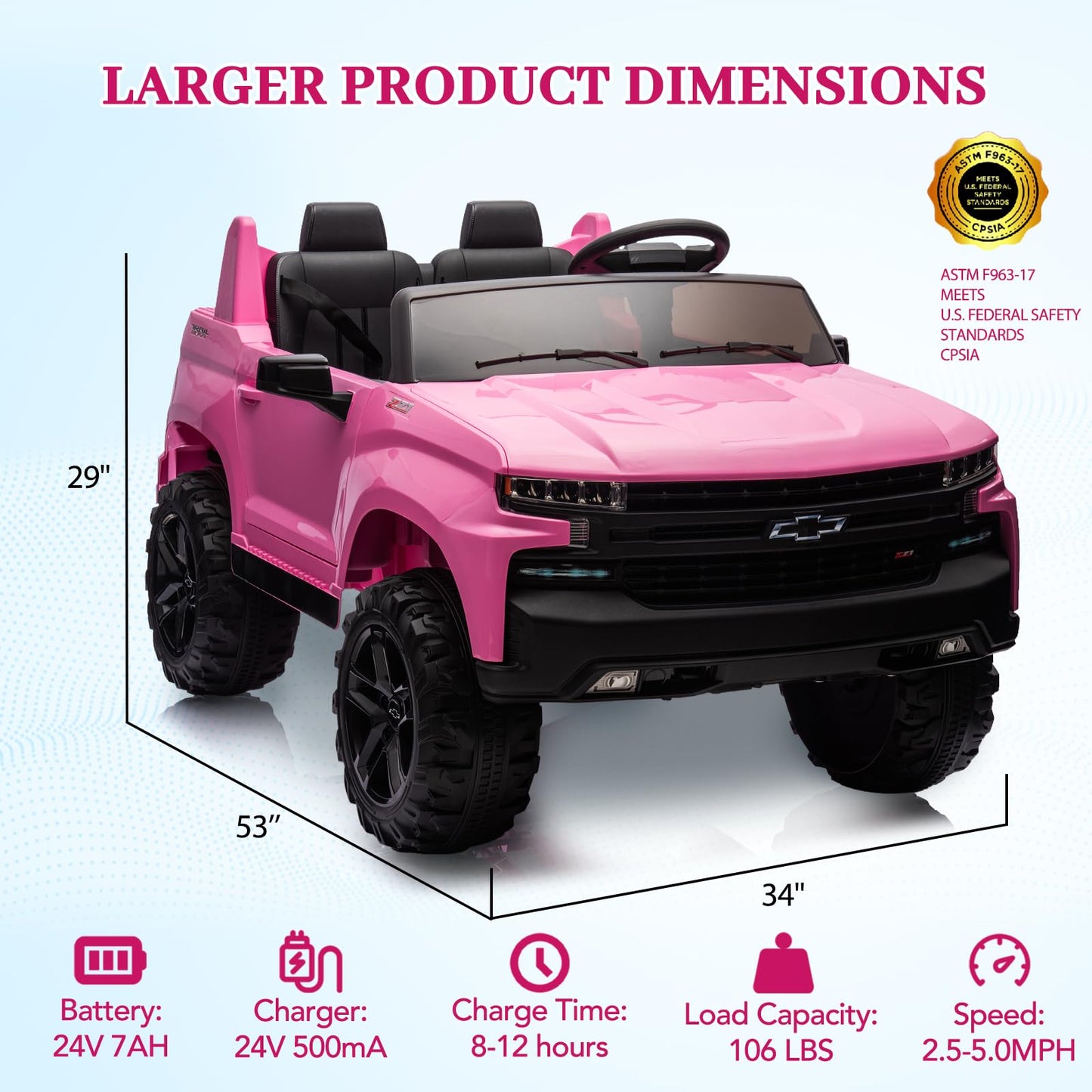Garvee Ride - P Series: 24V 2-Seater Ride On Car For Kids For 3 - 8 years, Licensed Chevrolet Silverado - Pink