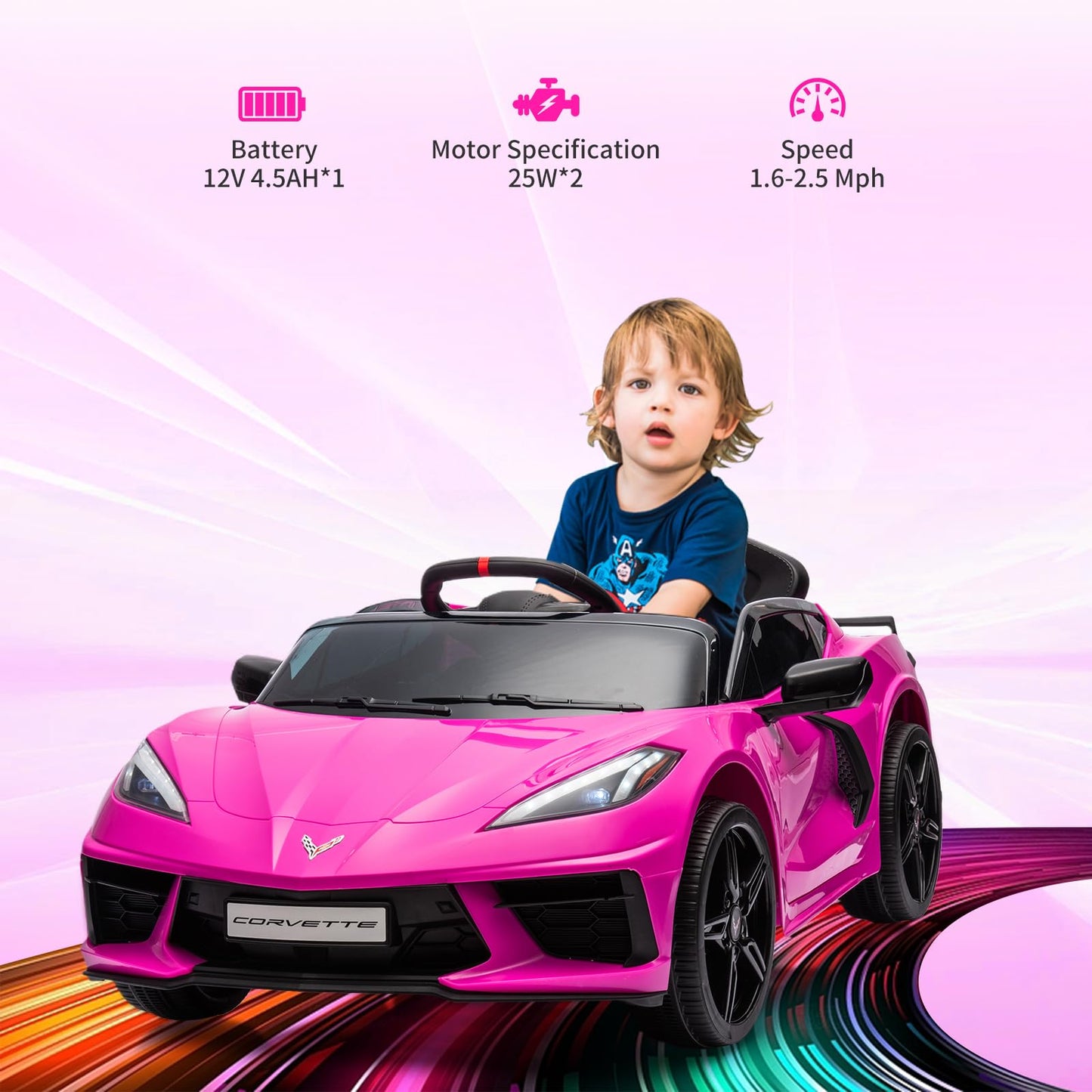 Garvee Ride - P Series: 12V Kids Ride on Car Licensed Corvette Battery Powered Car Toddles Electric Sports Car Toy with Remote Control, Visual Dashboard, LED Lights, Music, Gifts for Boys Girls, Rose Red