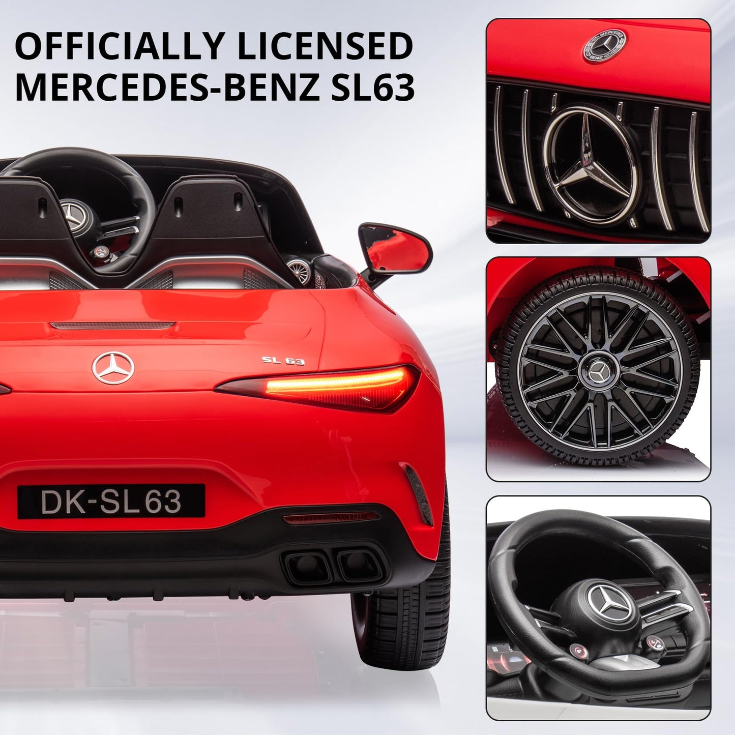 Garvee 12V Mercedes-Benz SL63 Ride-On Car: Remote Control, 2x35W Motors, 3-8 MPH, LED Lights, MP3, USB, Bluetooth, for Ages 3-7 - Red