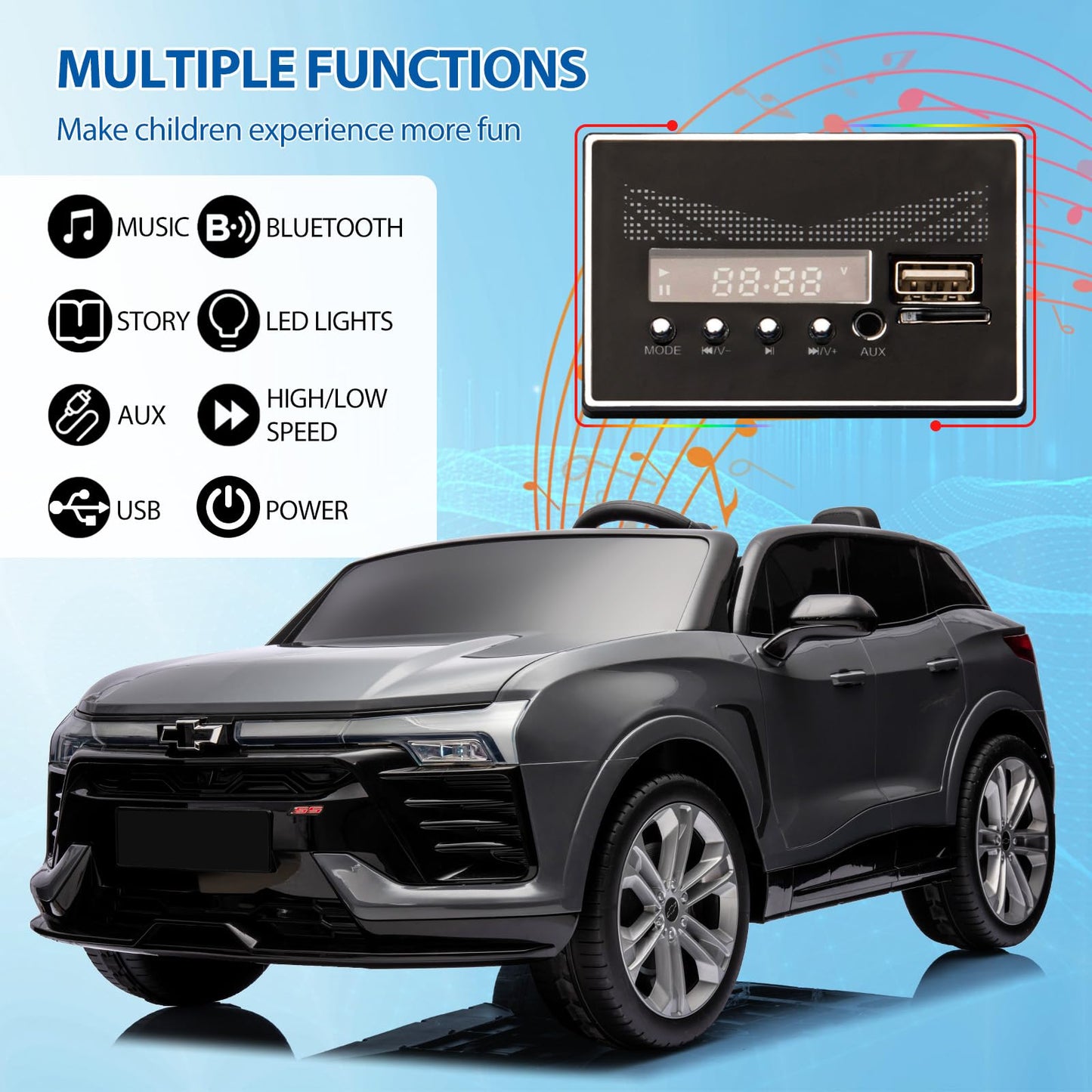 Garvee Ride - P Series: 24V 2-Seater Chevrolet Blazer Kids Car with Remote Control, Bluetooth - Grey