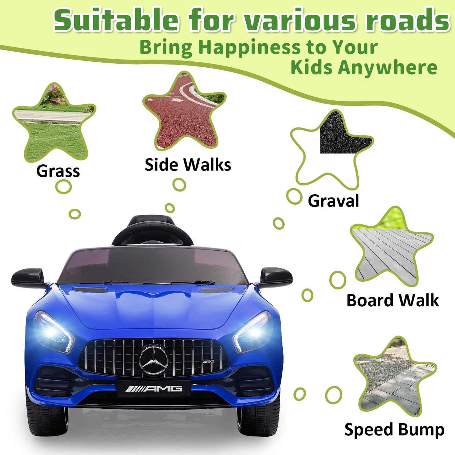 Garvee Ride Car for Kids, 12V Power Battery Electric Vehicles for 3-7 Toddlers, Licensed Mercedes-Benz with Remote Control, MP3 Player - Blue