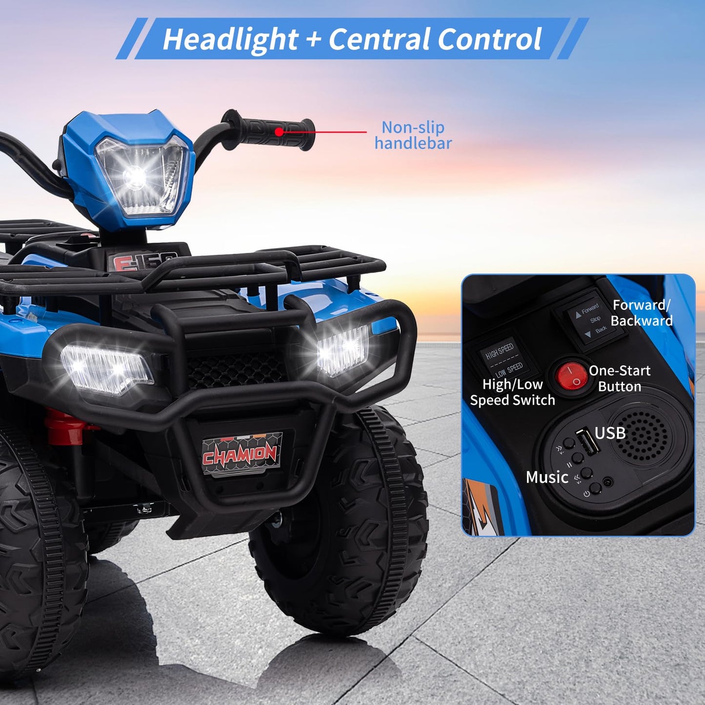 Garvee Ride - P Series: 12V Ride on ATV for Kids, Electric Vehicle for Toddlers,High/Low 2.2mph Safety Speed for Child, Forward/Backward,LED Light, Music,USB for Boys Girls Gift- Blue