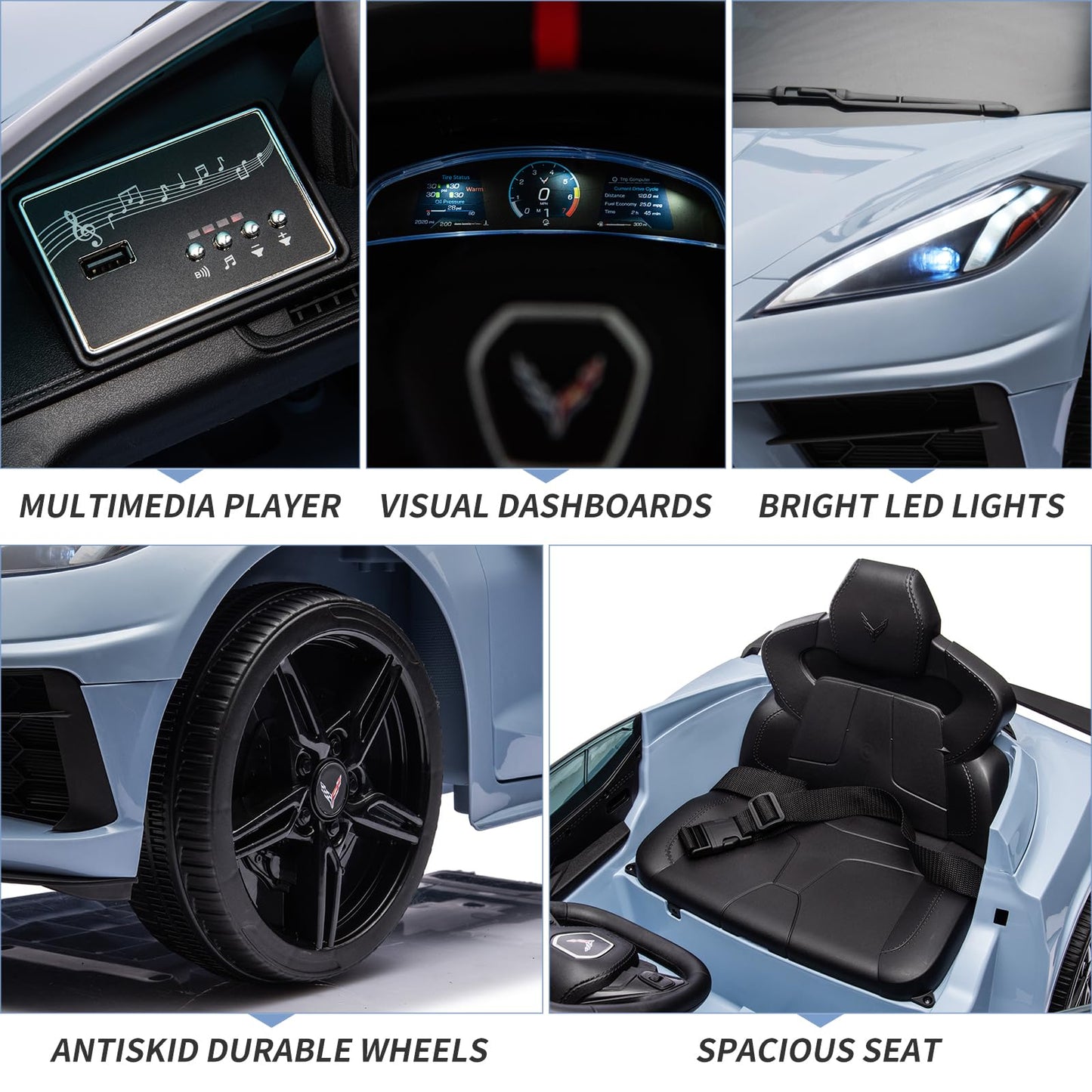Garvee Ride - P Series: 12V Kids Ride on Car Licensed Corvette Battery Powered Car Toddles Electric Sports Car Toy with Remote Control, Visual Dashboard, LED Lights, Music, Gifts for Boys Girls, Light Blue