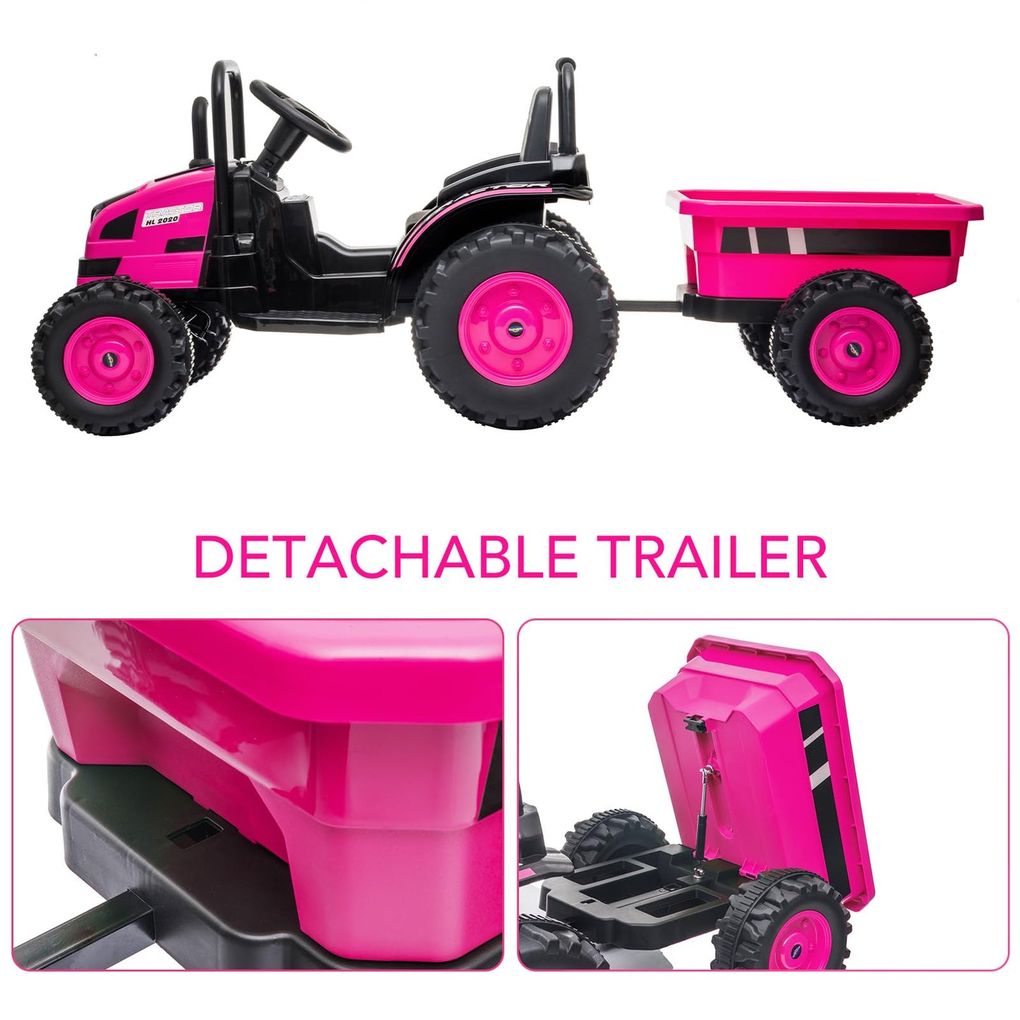 Garvee Ride - P Series: 12V Electric Ride-On Tractor for Kids with Trailer, Remote Control, Music, LED Lights, and Rear Wheel Suspension - Battery Powered Toy Vehicle - Pink