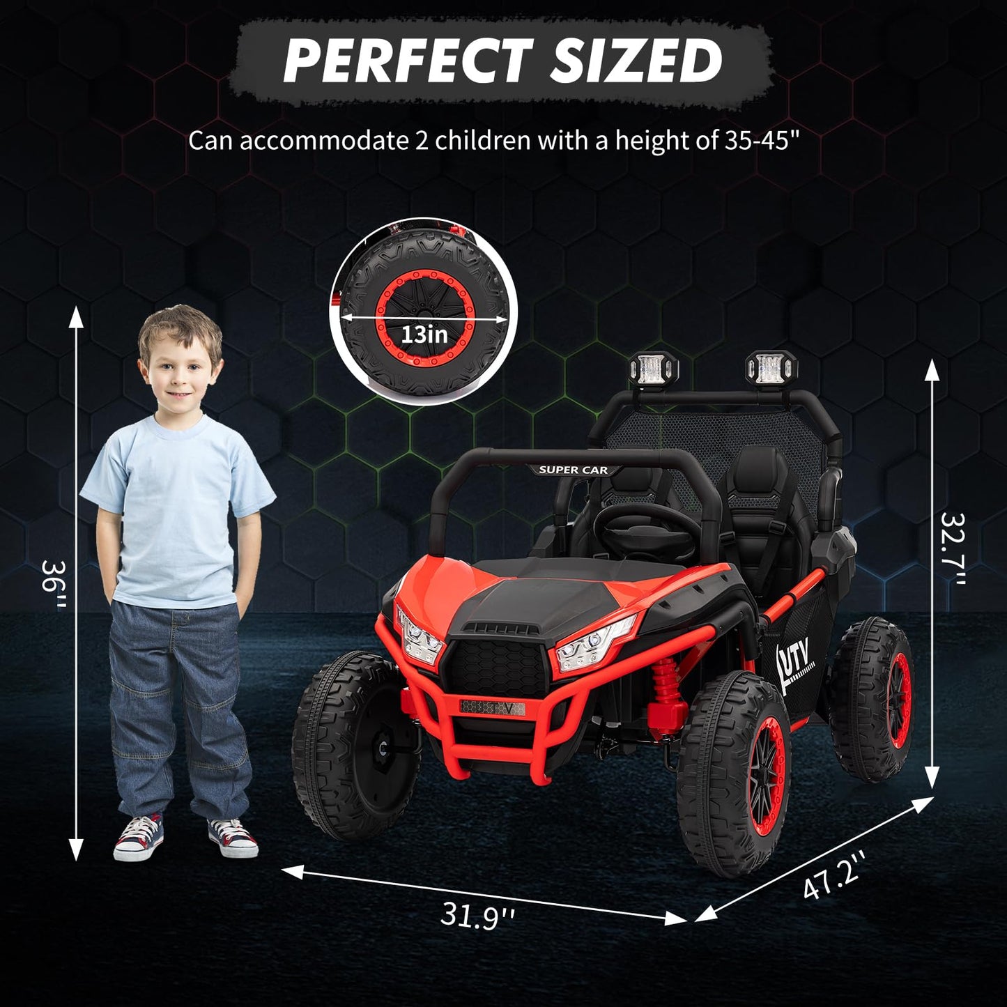 Garvee Ride - P Series: 24V 2 Seater Ride On Car, XXXL Off-Road Utv for Kids w/Metal Frame, 20 Inch Wide Seat, 400W Electric Vehicle Toy Car w/Pop Music, 3 Speeds for Boys and Girls,Red