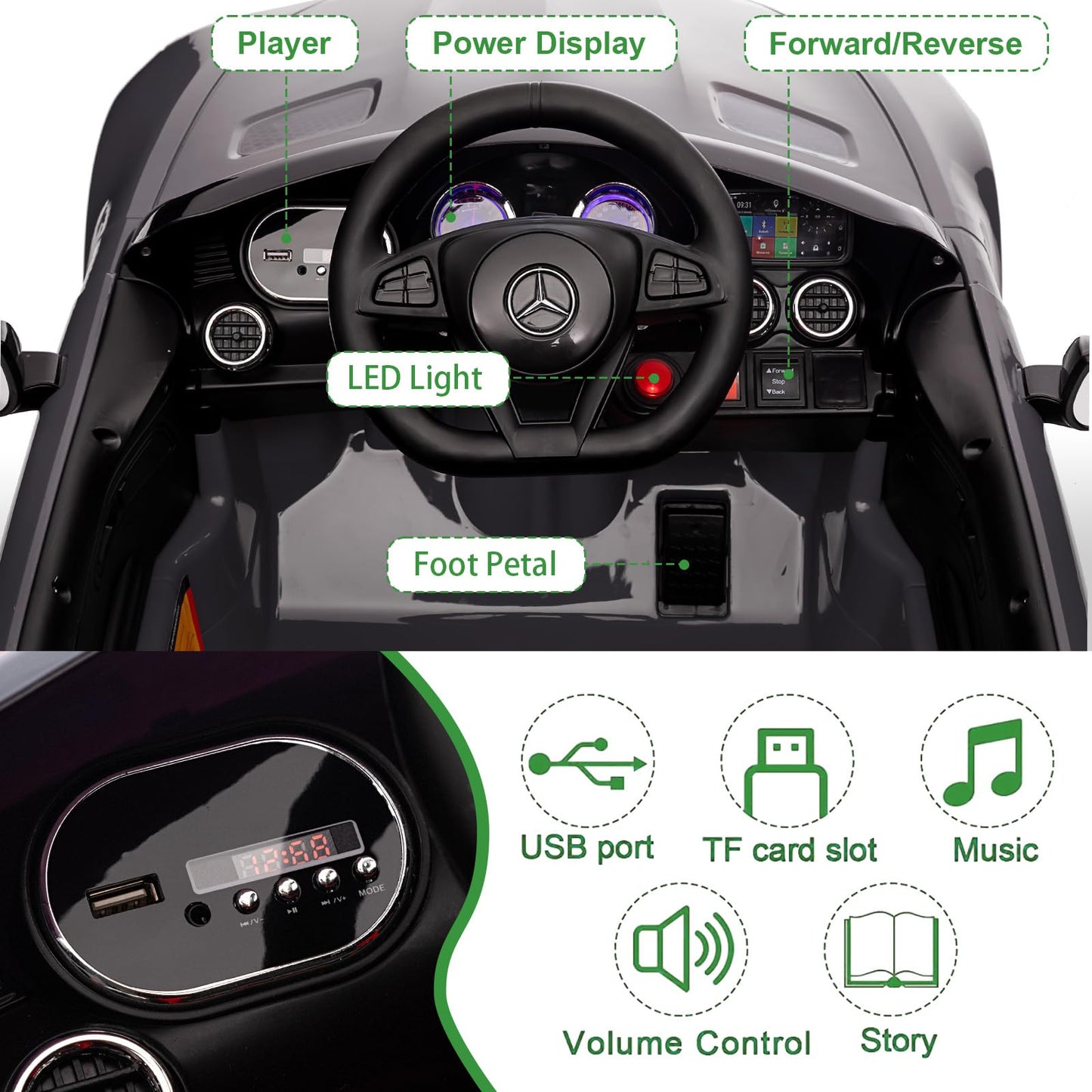 Garvee Ride Car for Kids, 12V Power Battery Electric Vehicles for 3-7 Toddlers, Licensed Mercedes-Benz with Remote Control, MP3 Player - Grey