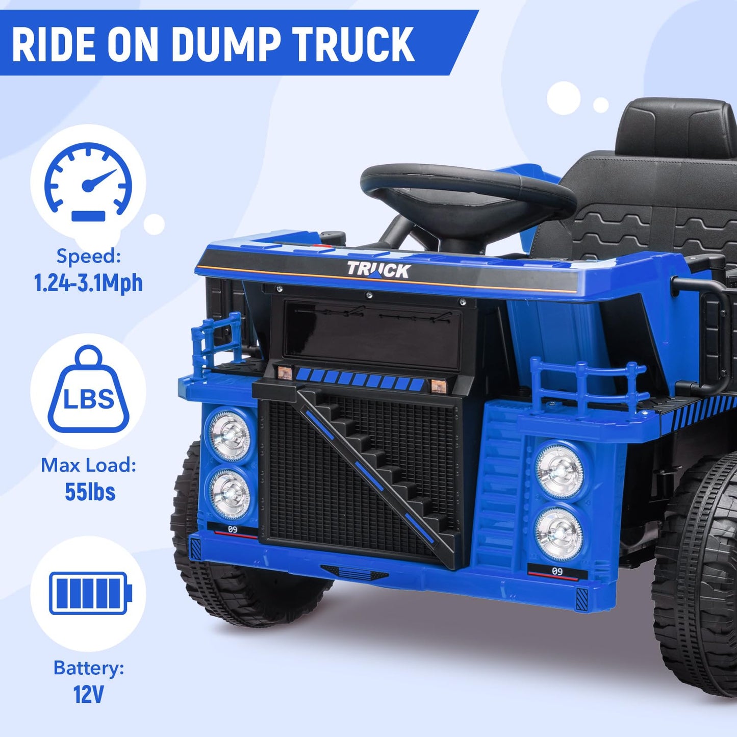 Garvee Ride - P Series: 12V Ride On Construction Vehicle for Kids With Remote Control, Electric Dump Bed,Shovel,Music Player, and Four Wheel Shock Absorption for Kids 3+(Blue)