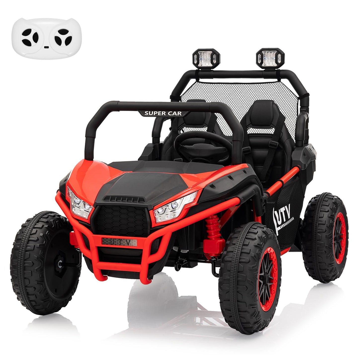 Garvee Ride - P Series: 24V 2 Seater Ride On Car, XXXL Off-Road Utv for Kids w/Metal Frame, 20 Inch Wide Seat, 400W Electric Vehicle Toy Car w/Pop Music, 3 Speeds for Boys and Girls,Red