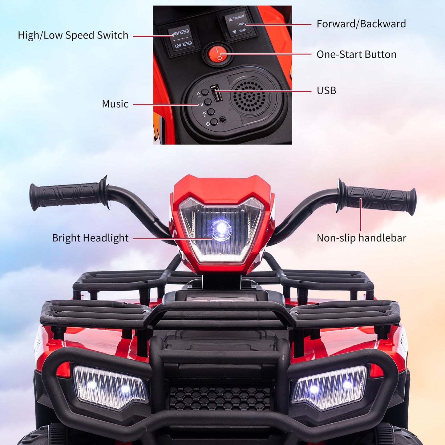 Garvee Ride - P Series: 12V Ride on Quad ATV for Kids, Electric Vehicle for Toddlers, High/Low 2.2mph Safety Speed for Child, Forward/Backward,LED Light, Music,USB for Boys Girls Gift- Red